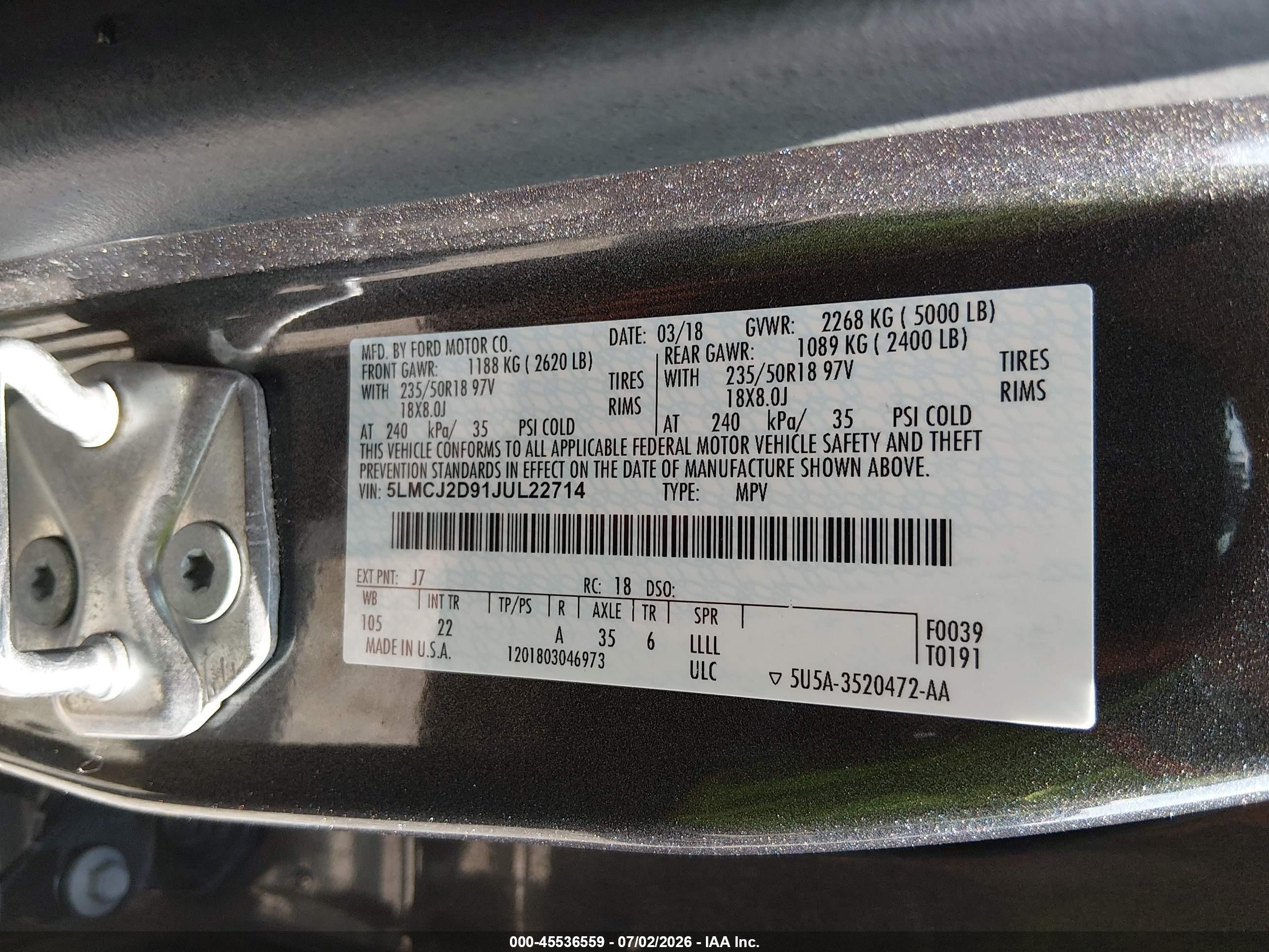 2018 Lincoln Mkc VIN 5LMCJ2D91JUL22714 IAAI salvage auction — Side, Clear (Indiana), sold $4,575 on 2026-09-18 (photo 9)