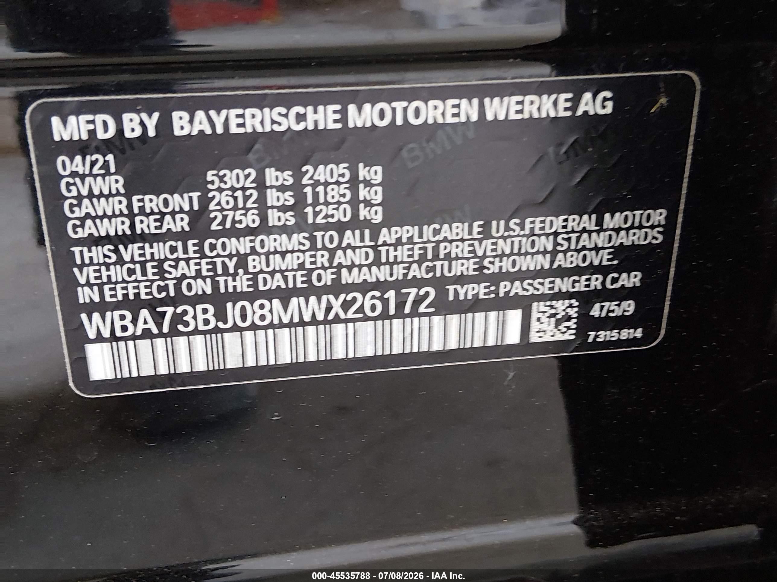 2021 BMW 5 Series VIN WBA73BJ08MWX26172 IAAI salvage auction — Unknown, Bill Of Sale (Washington), sold $27,000 on 2026-08-13 (photo 9)