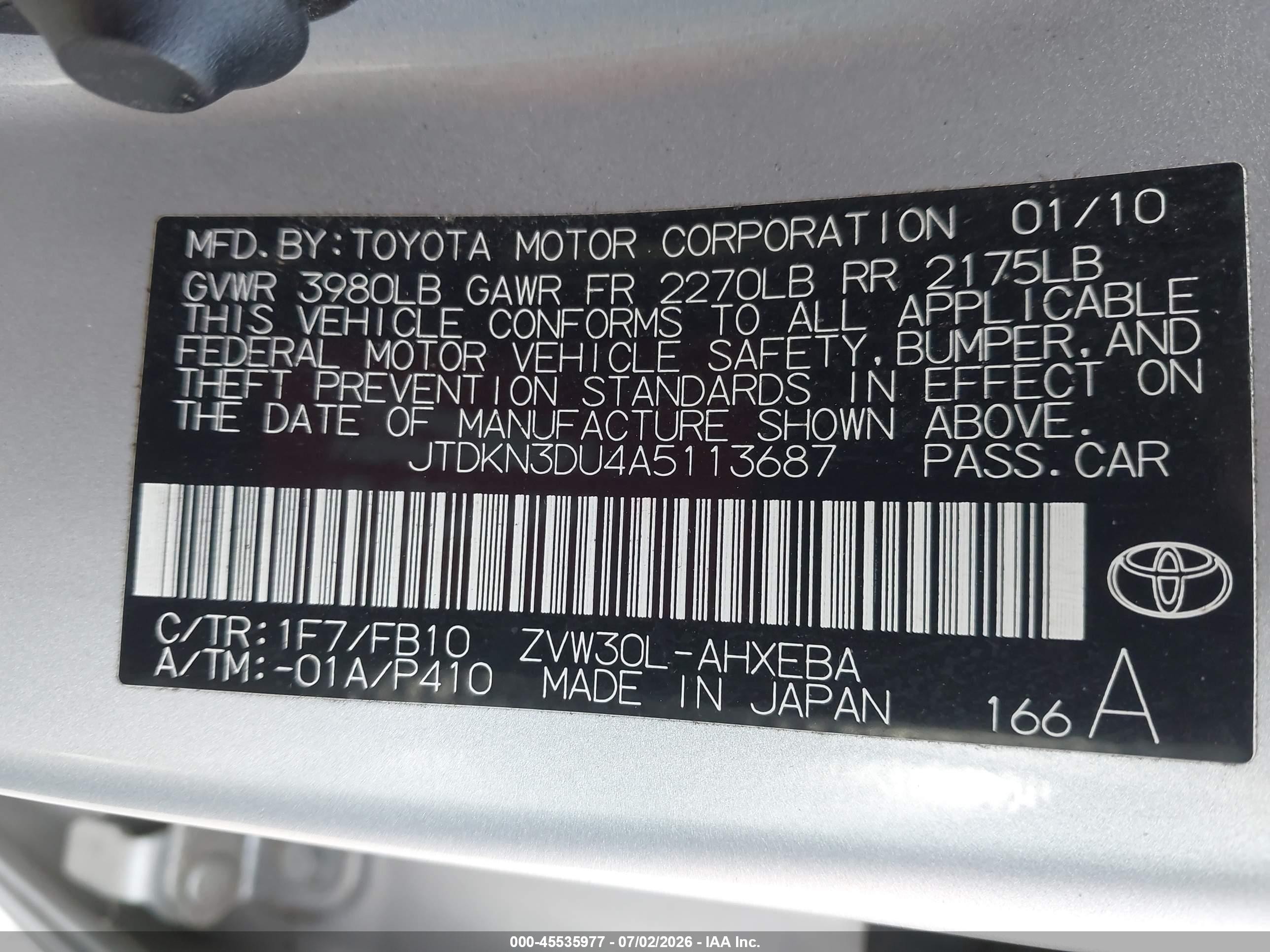2010 Toyota Prius VIN JTDKN3DU4A5113687 IAAI salvage auction — Normal Wear, Clear - Dealer Only (California), sold $2,450 on 2026-07-09 (photo 9)