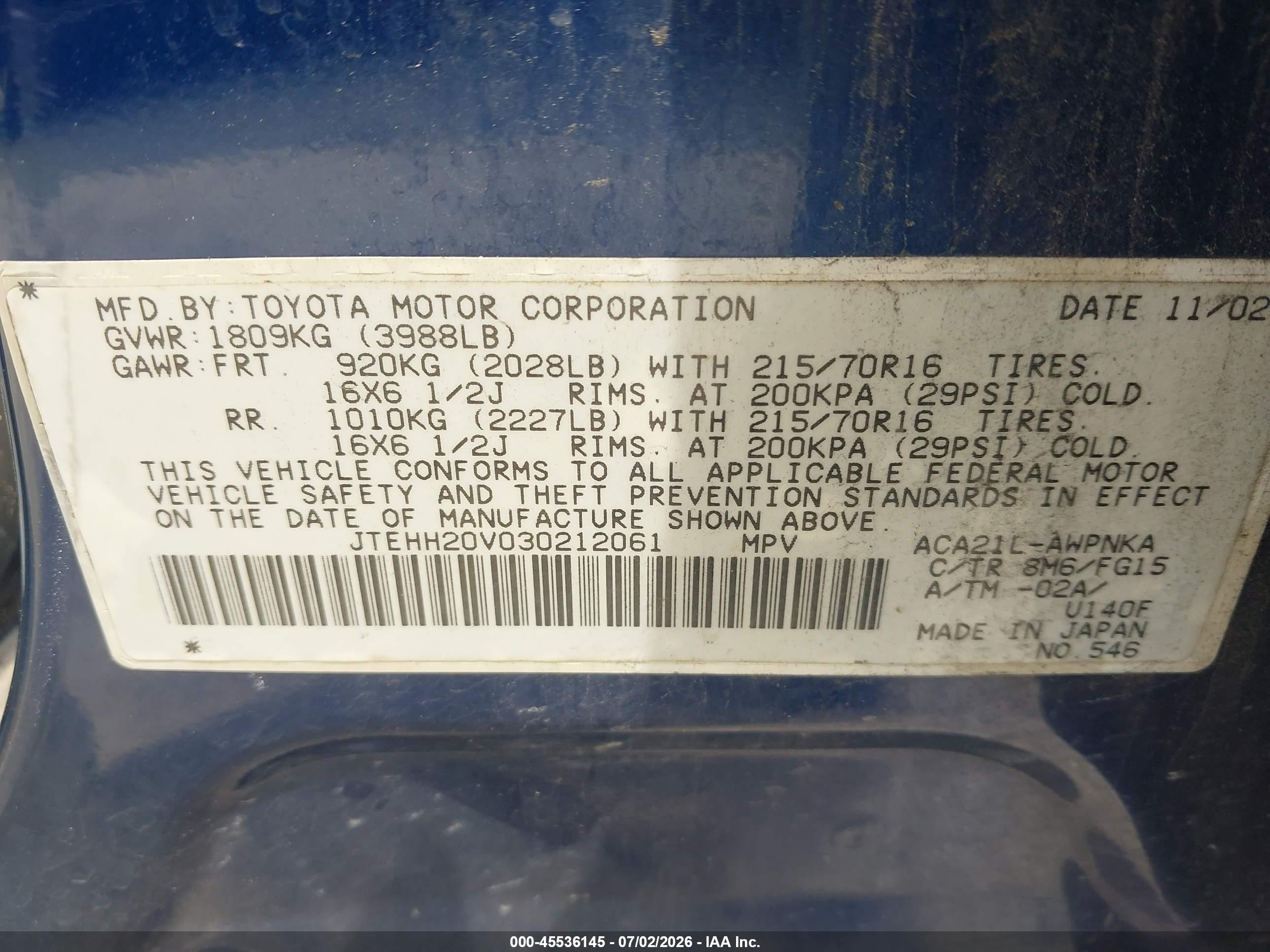 2003 Toyota RAV4 VIN JTEHH20V030212061 IAAI salvage auction — Normal Wear, Clear - Dealer Only (California), sold $825 on 2026-07-09 (photo 9)