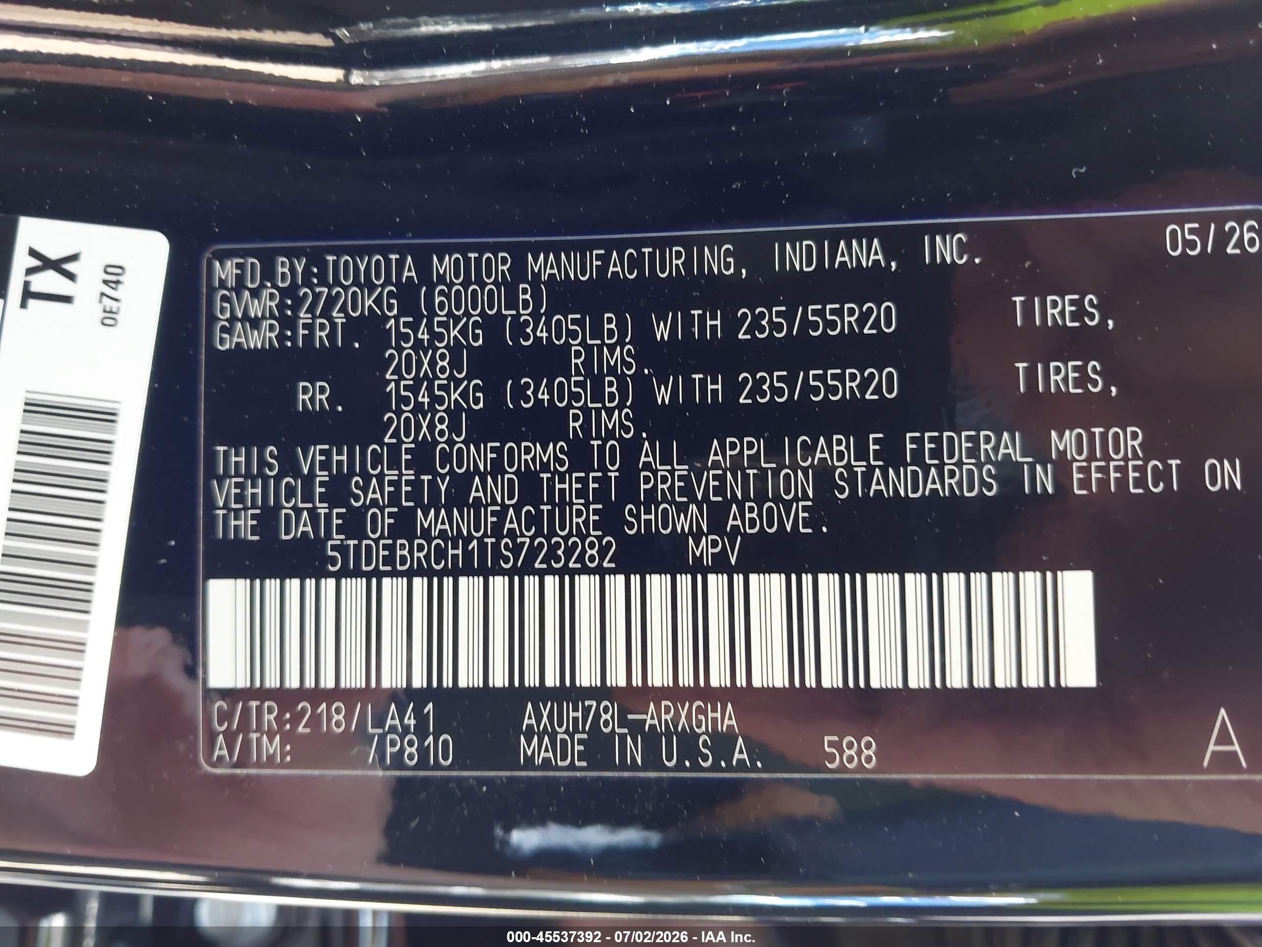 2026 Toyota Highlander VIN 5TDEBRCH1TS723282 IAAI salvage auction — Front End, Clear (Michigan), sold $17,475 on 2026-08-20 (photo 9)