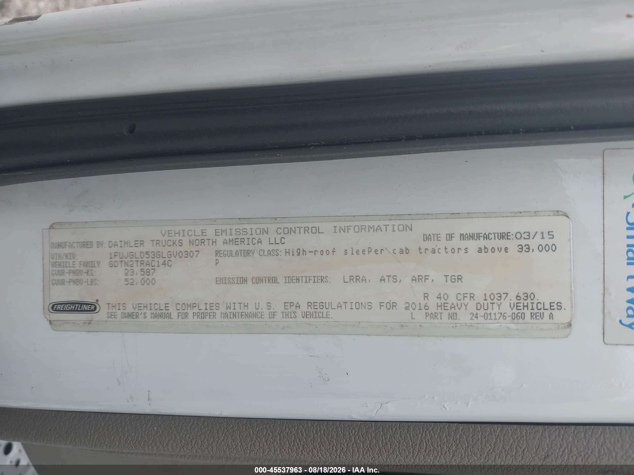 2016 Freightliner Cascadia 125 VIN 1FUJGLD53GLGV0307 IAAI salvage auction — Front End, Salvage (Illinois), sold $8,000 on 2026-09-13 (photo 8)