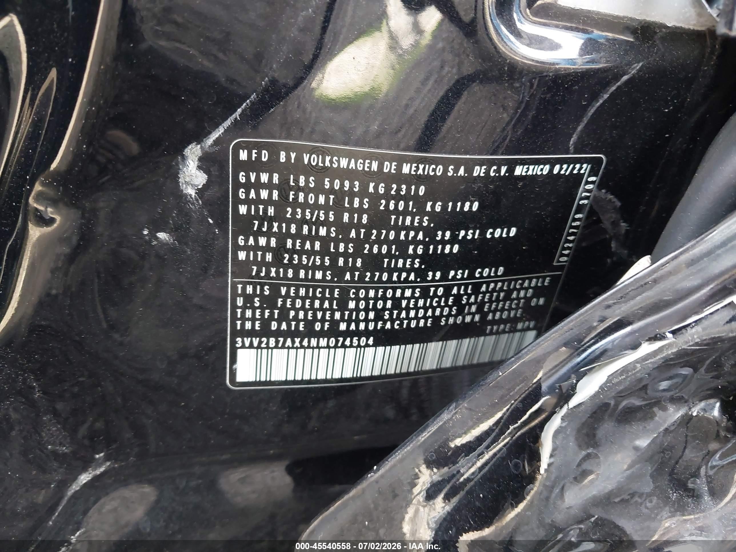 2022 Volkswagen Tiguan VIN 3VV2B7AX4NM074504 IAAI salvage auction — Side, Salvage (Delaware), sold $3,650 on 2026-09-13 (photo 9)