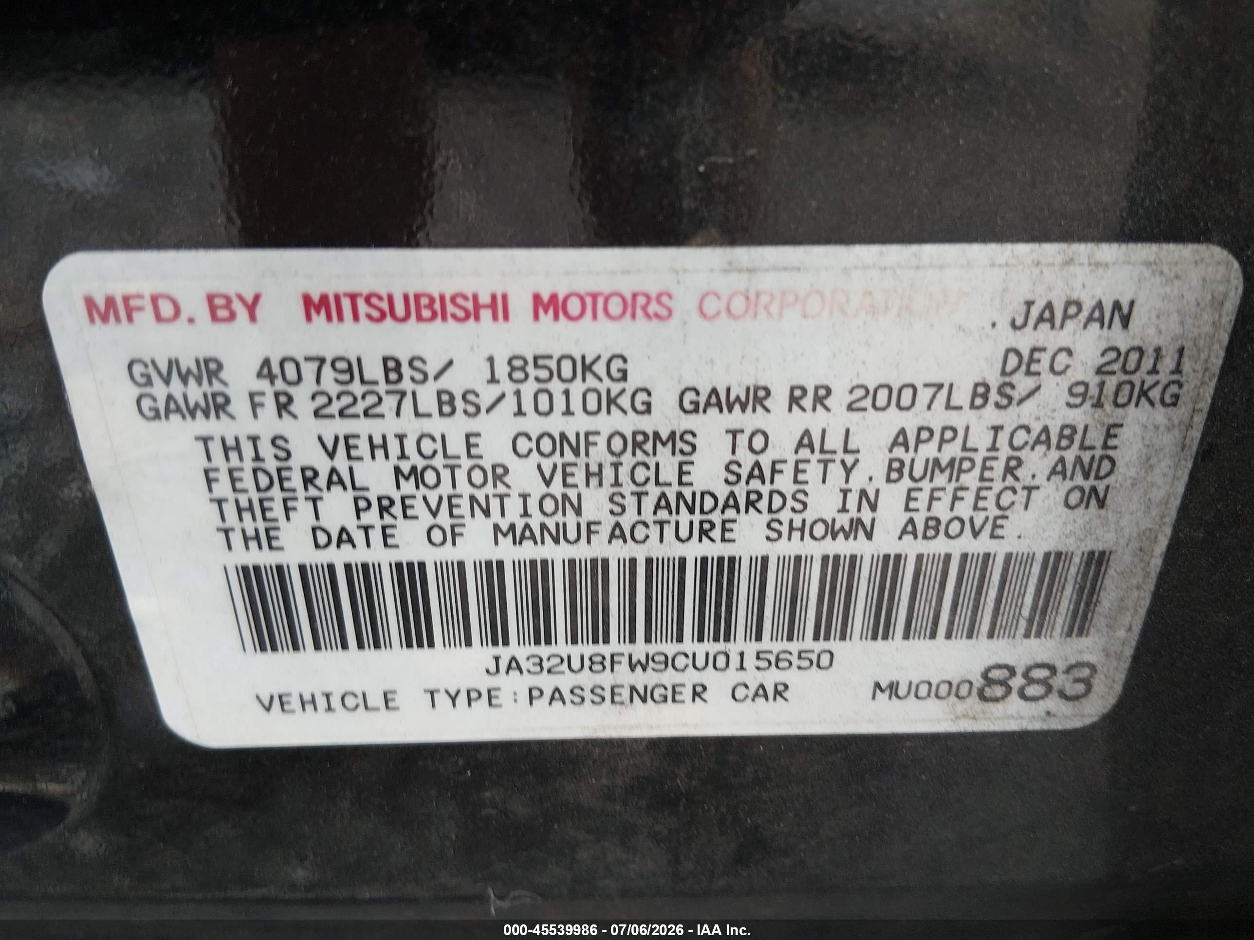 2012 Mitsubishi Lancer VIN JA32U8FW9CU015650 IAAI salvage auction — Front & Rear, Salvage (South Carolina), sold $800 on 2026-09-19 (photo 9)