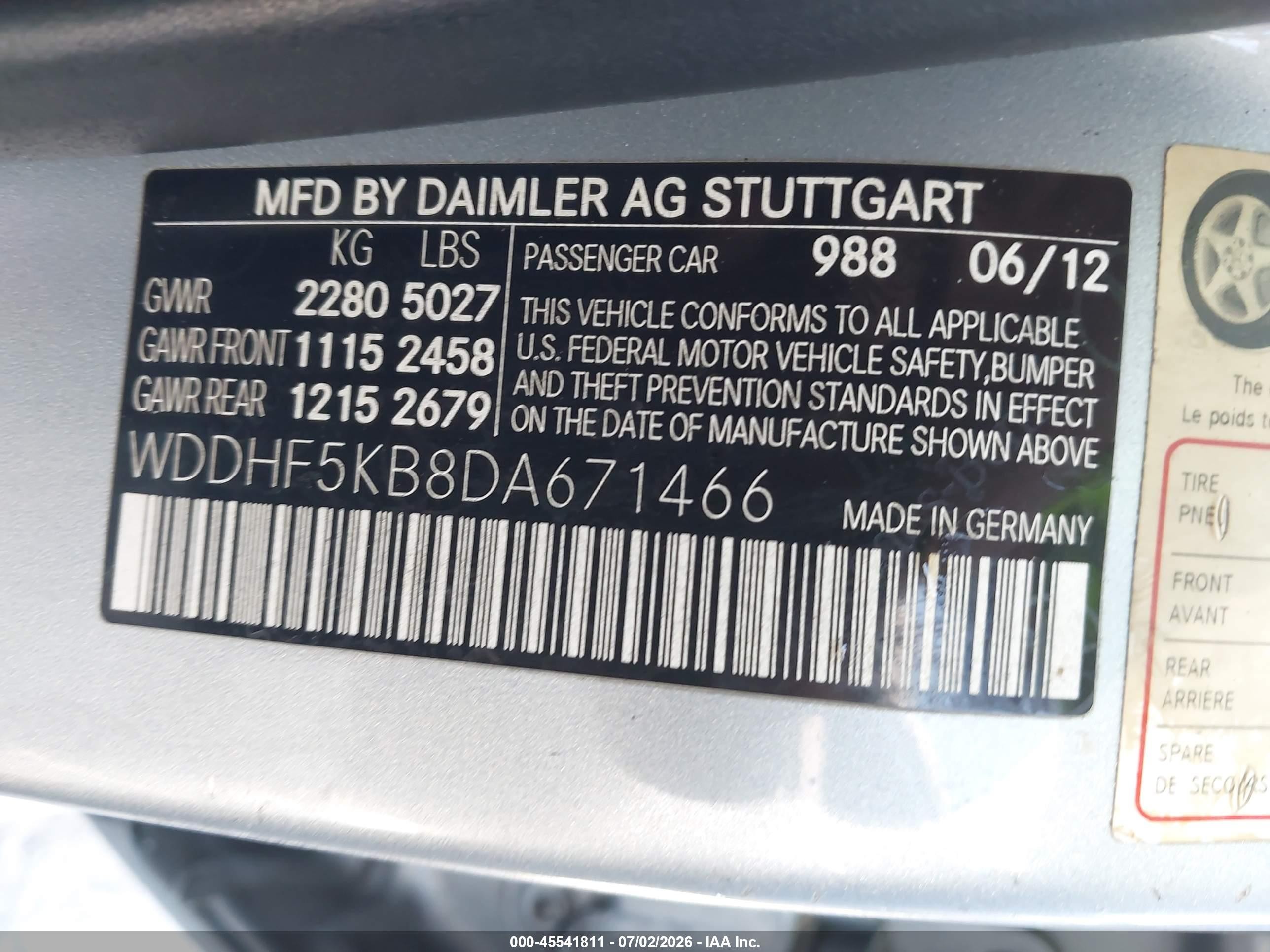 2013 Mercedes-Benz E-Class VIN WDDHF5KB8DA671466 IAAI salvage auction — Normal Wear, Clear (Nevada), sold $600 on 2026-07-09 (photo 9)