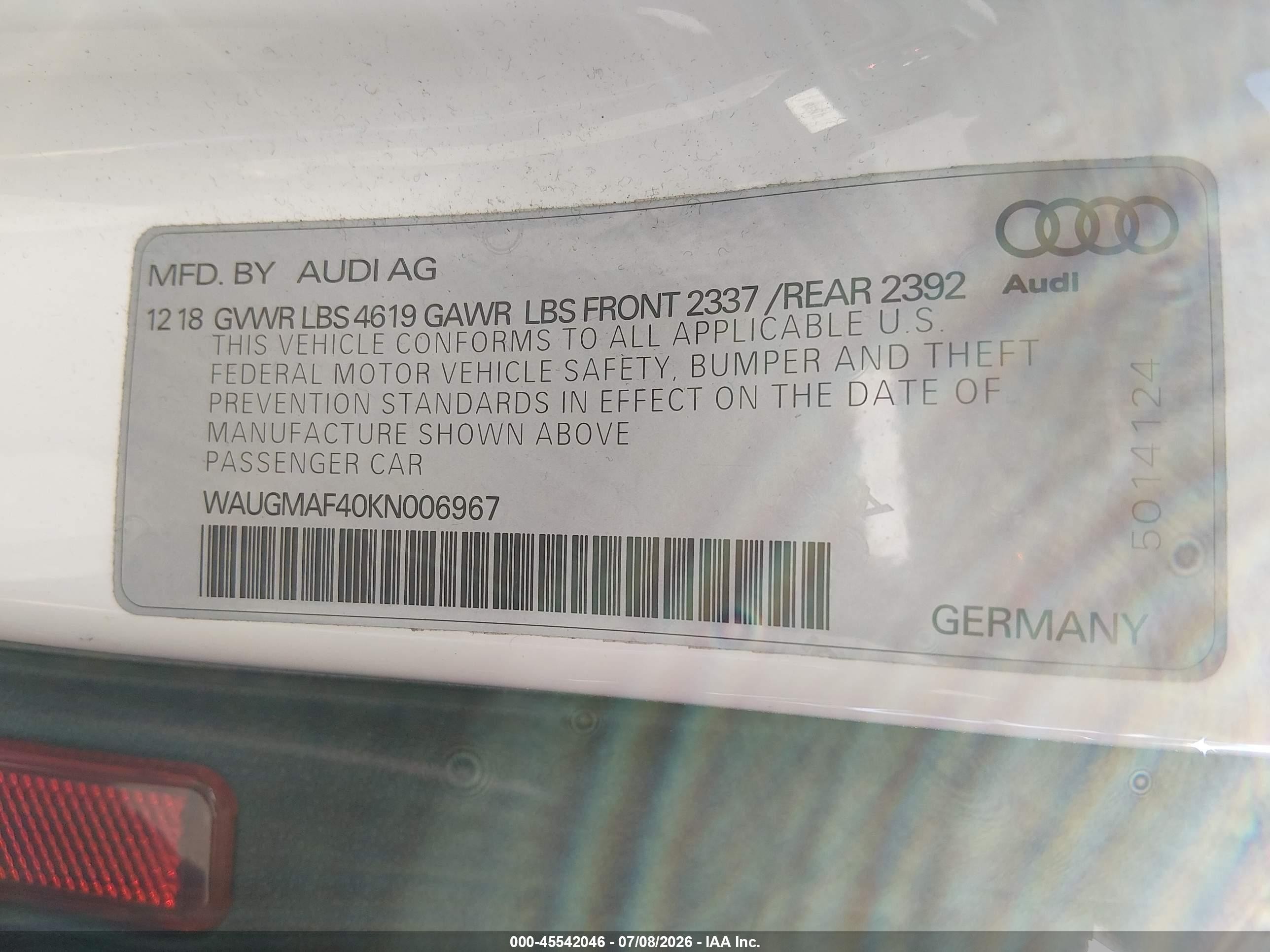 2019 Audi A4 VIN WAUGMAF40KN006967 IAAI salvage auction — Front End, Salvage (Nevada), sold $3,350 on 2026-09-13 (photo 9)