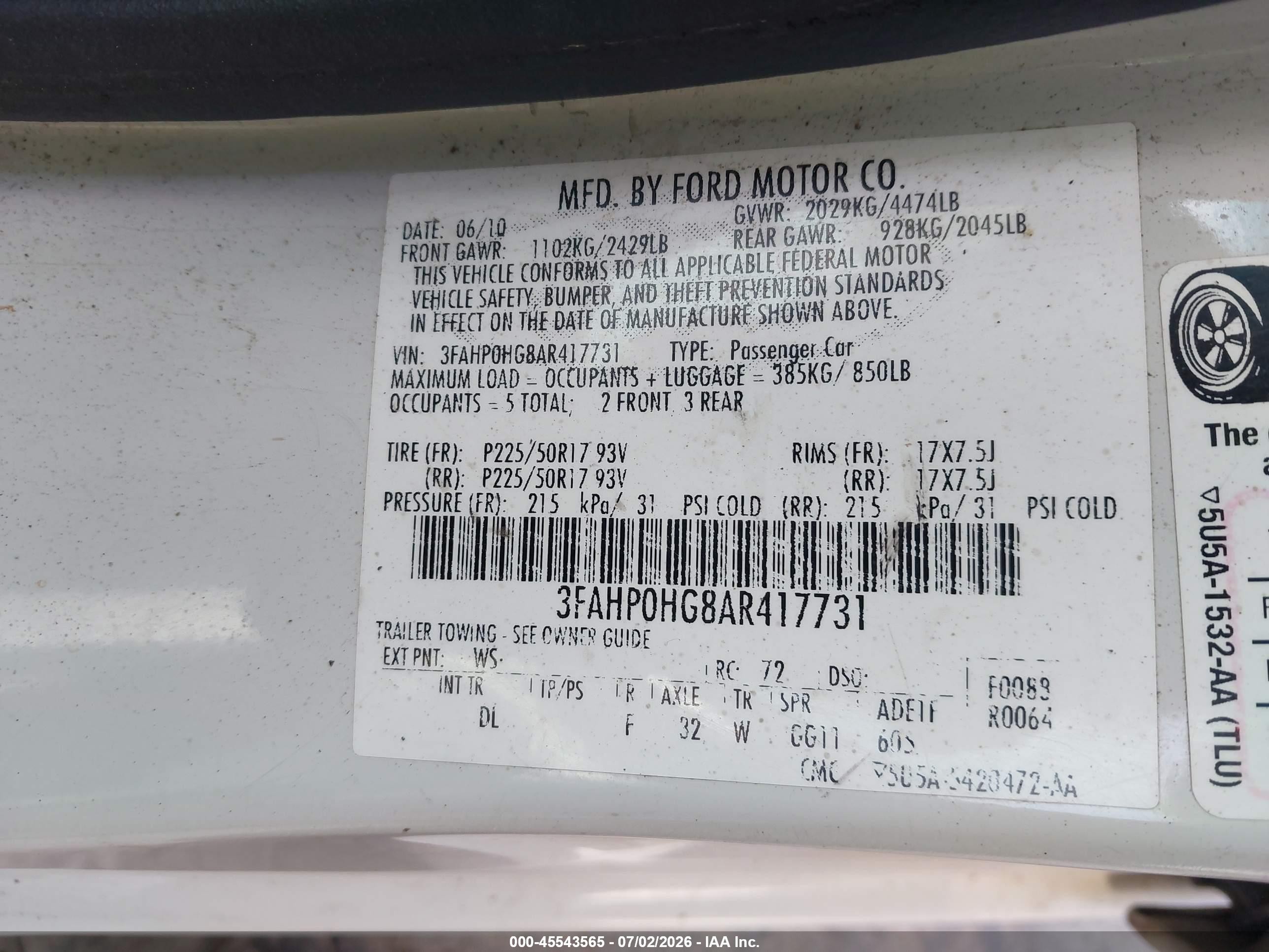 2010 Ford Fusion VIN 3FAHP0HG8AR417731 IAAI salvage auction — Normal Wear, Clear - Dealer Only (California), sold $275 on 2026-07-09 (photo 9)