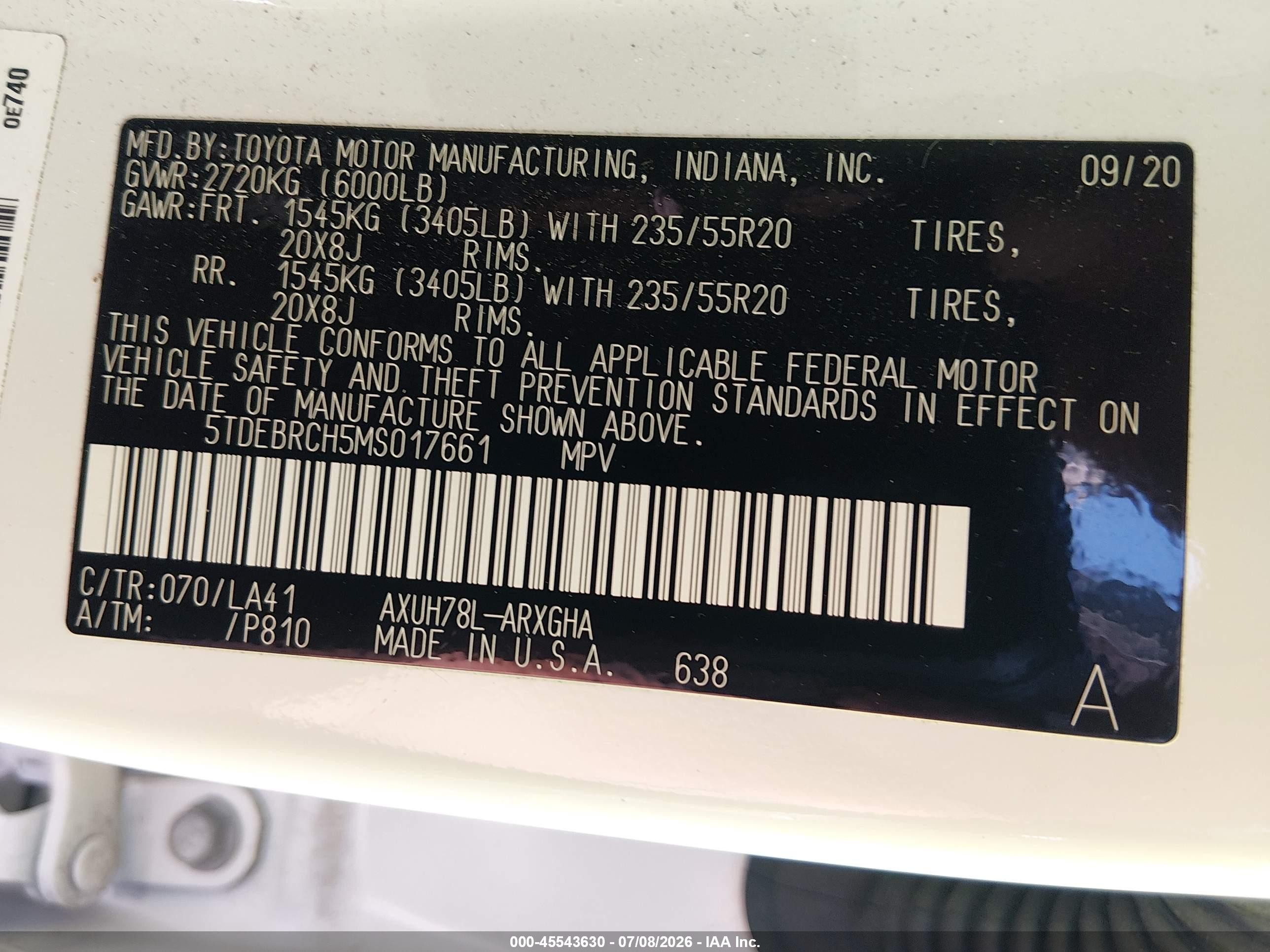 2021 Toyota Highlander VIN 5TDEBRCH5MS017661 IAAI salvage auction — Front End, Salvage (West Virginia), sold $23,200 on 2026-08-23 (photo 9)