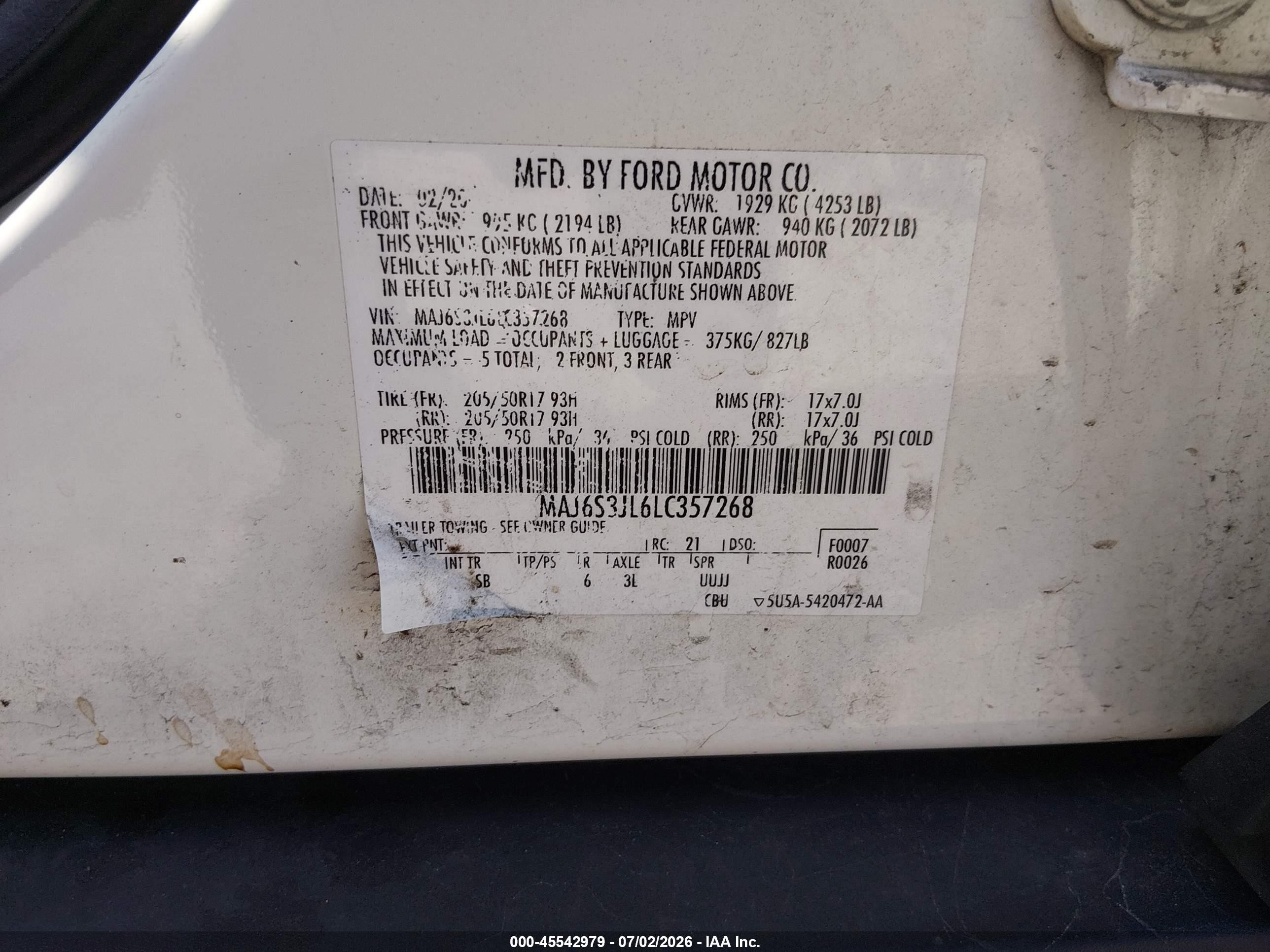 2020 Ford Ecosport VIN MAJ6S3JL6LC357268 IAAI salvage auction — Unknown, Salvage (New Jersey), sold $1,950 on 2026-09-08 (photo 9)