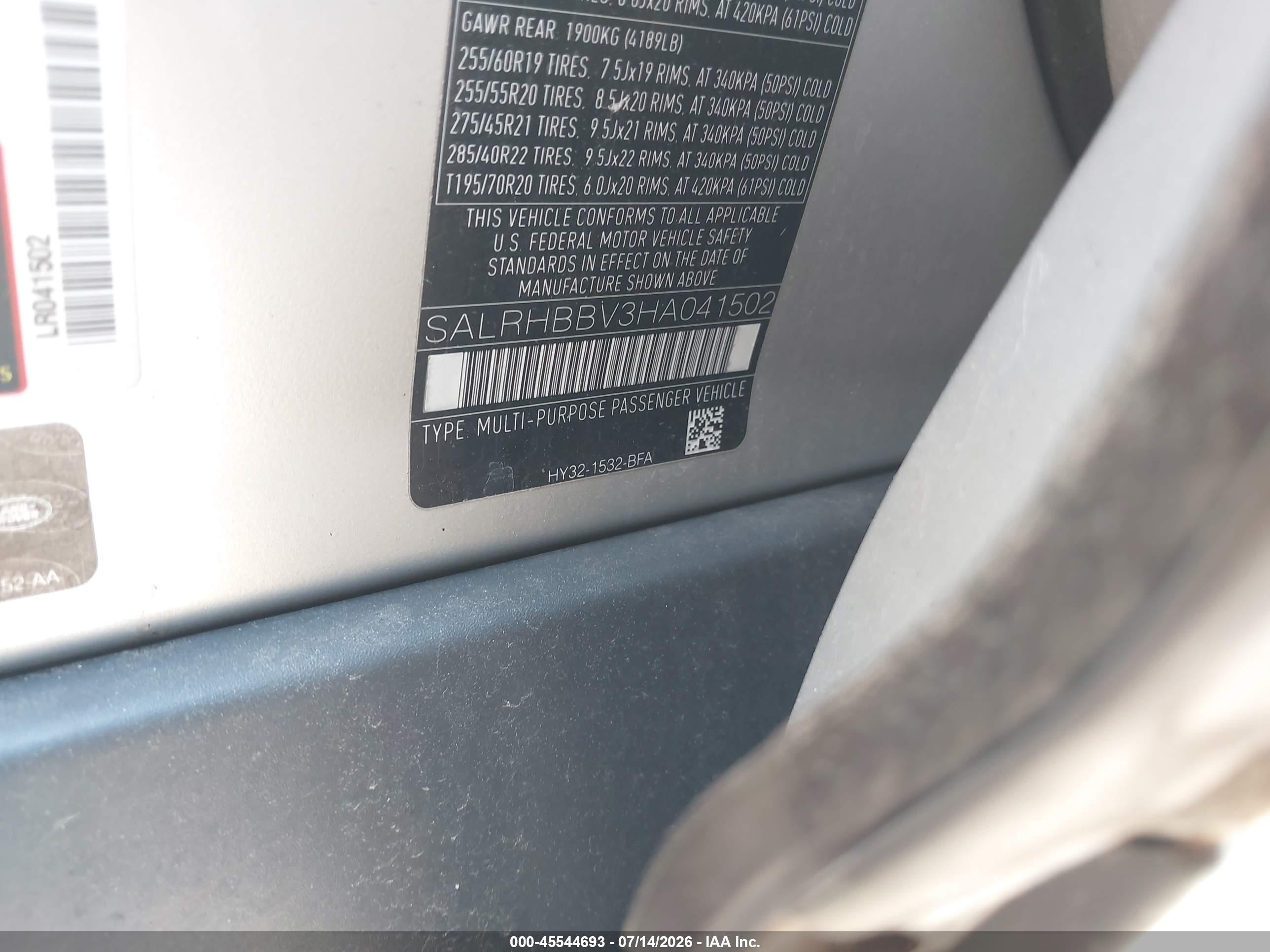 2017 Land rover Discovery VIN SALRHBBV3HA041502 IAAI salvage auction — Front End, Salvage (Pennsylvania), sold $4,150 on 2026-09-04 (photo 9)