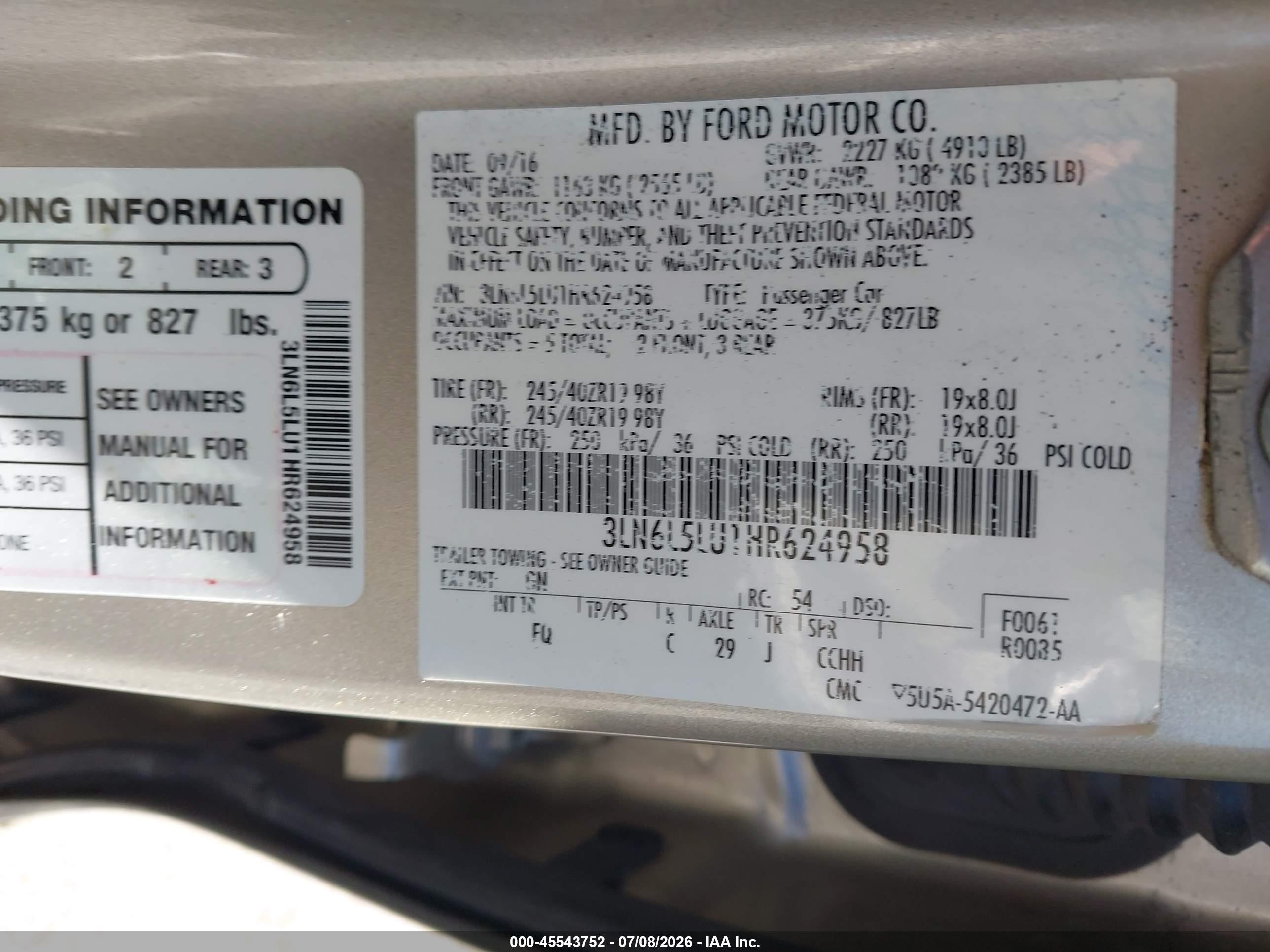 2017 Lincoln MKZ VIN 3LN6L5LU1HR624958 IAAI salvage auction — Rear End, Salvage (Oregon), sold $2,150 on 2026-09-10 (photo 9)