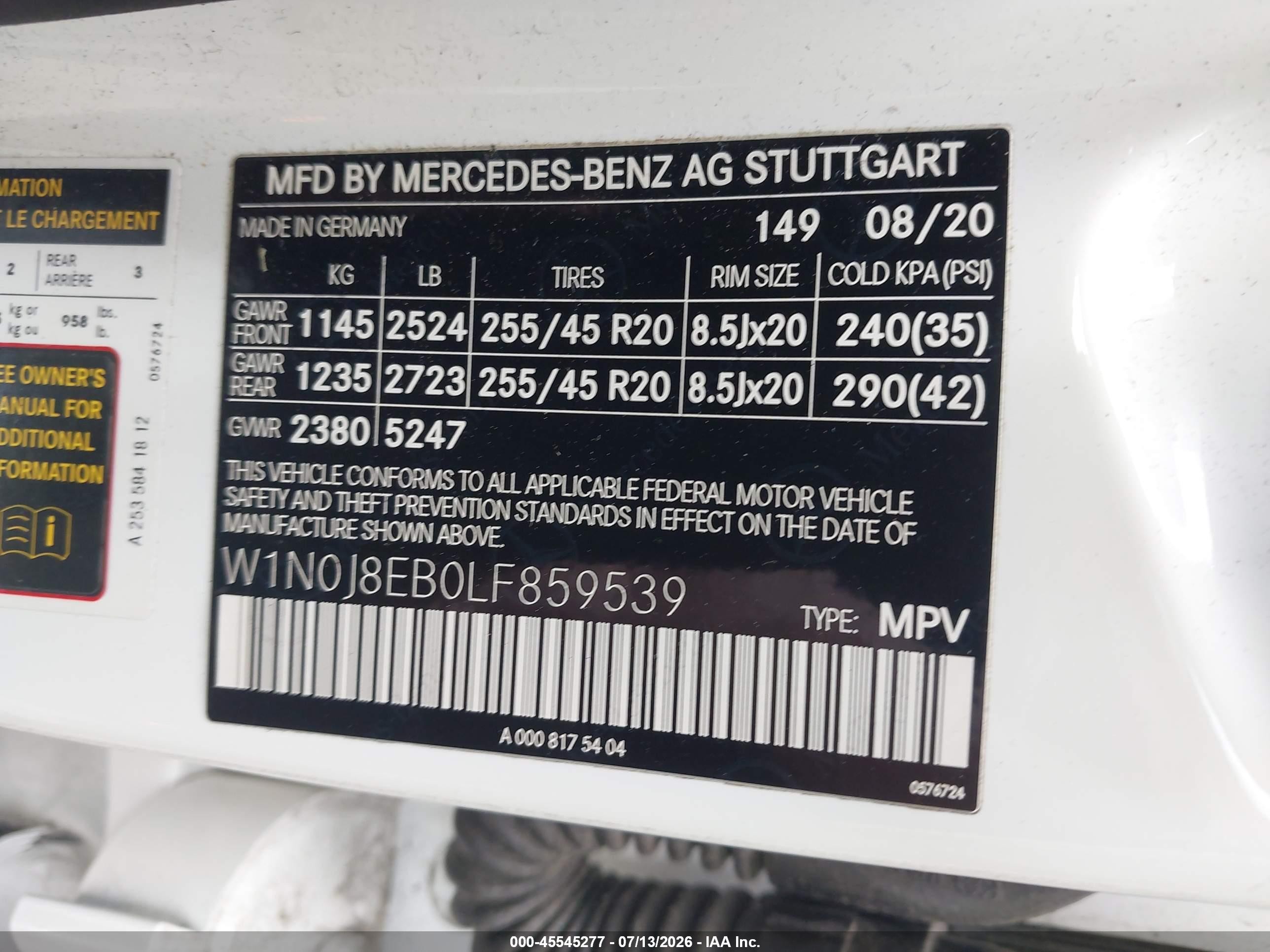 2020 Mercedes-Benz GLC-Class VIN W1N0J8EB0LF859539 IAAI salvage auction — Suspension, Salvage (Rhode Island), sold $17,200 on 2026-09-13 (photo 9)