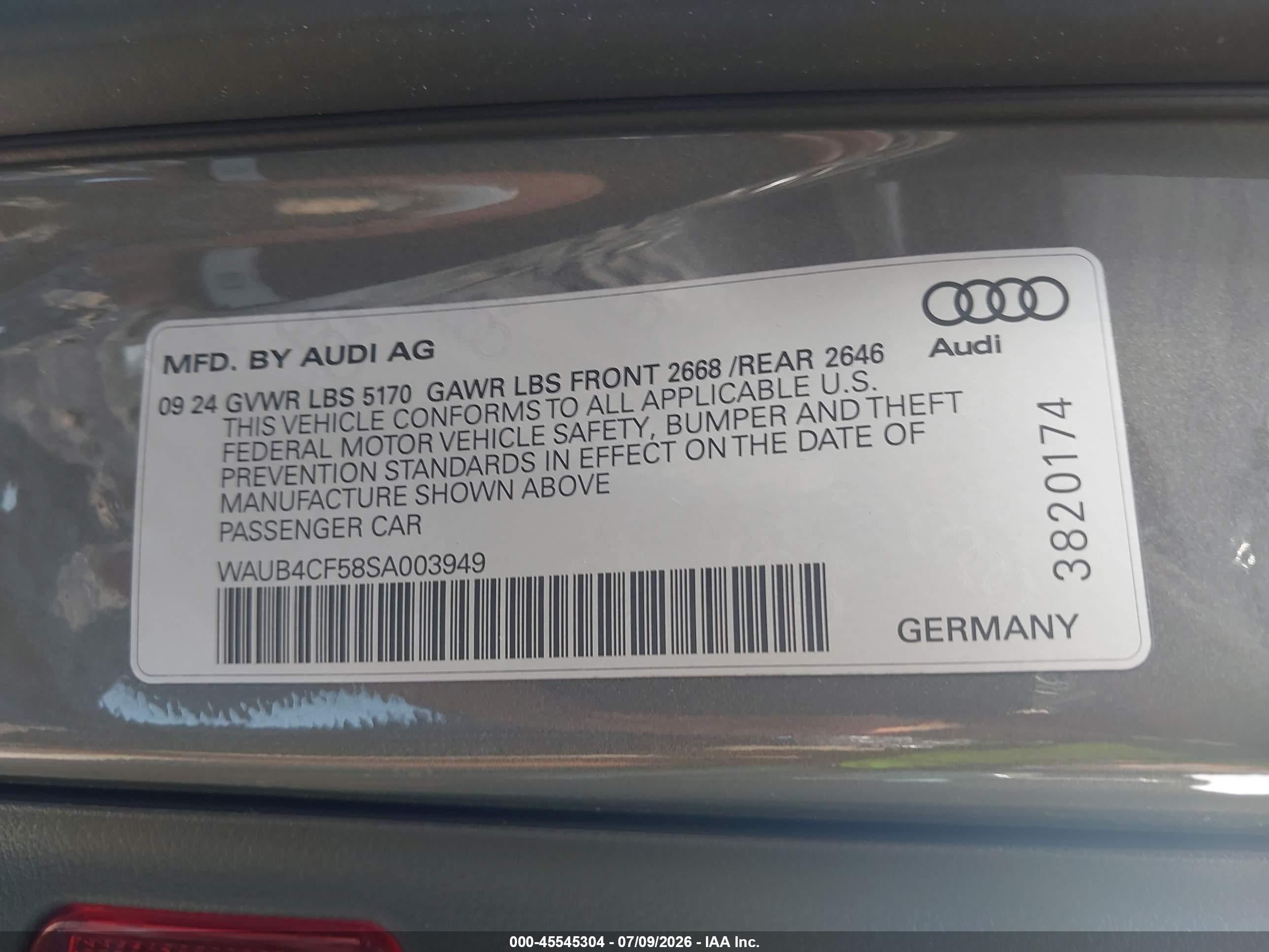 2025 Audi S5 VIN WAUB4CF58SA003949 IAAI salvage auction — Hail, Clear (Oklahoma), sold $18,100 on 2026-09-01 (photo 9)