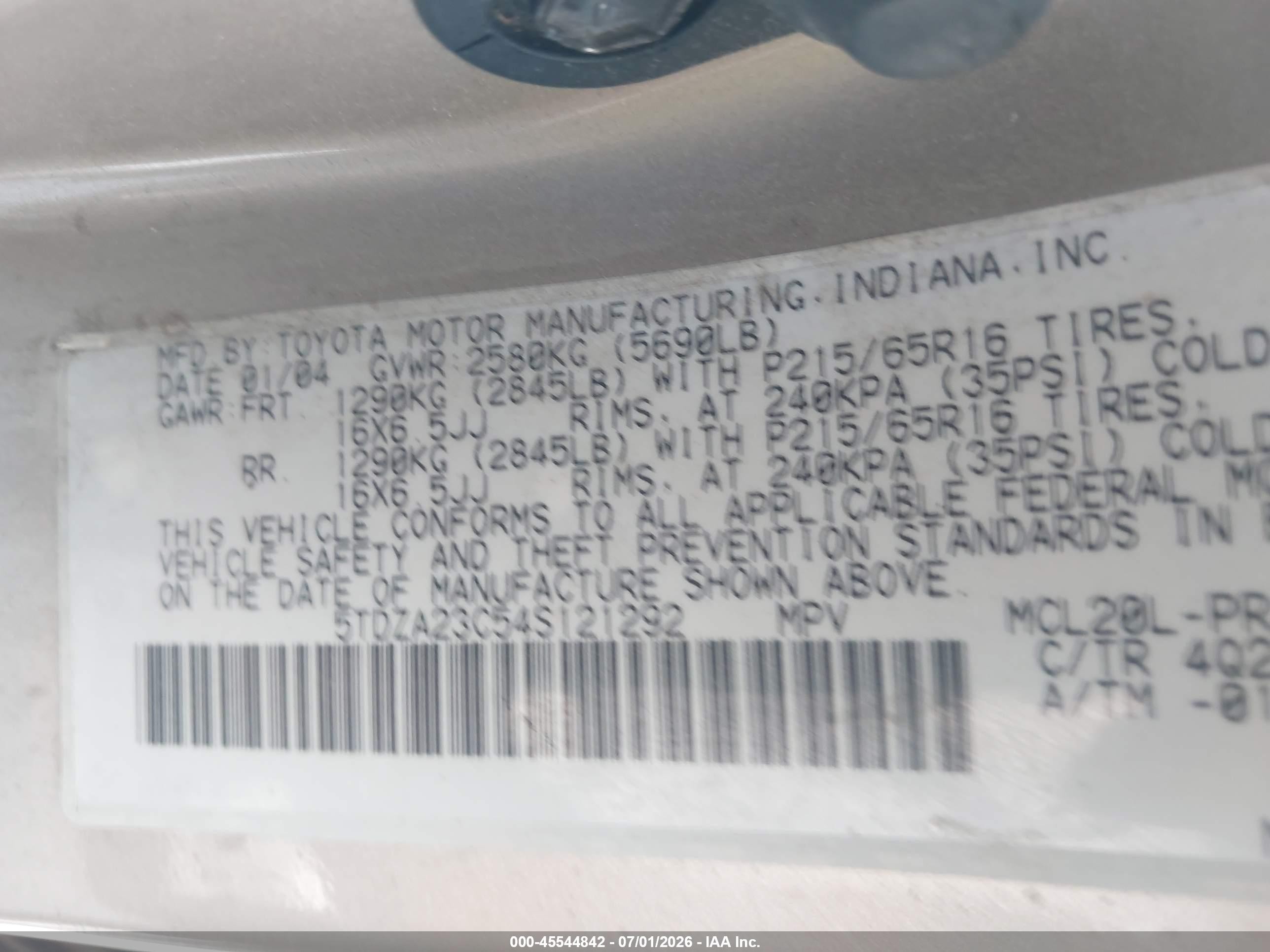 2004 Toyota Sienna VIN 5TDZA23C54S121292 IAAI salvage auction — Normal Wear, Clear (Utah), sold $325 on 2026-07-09 (photo 9)