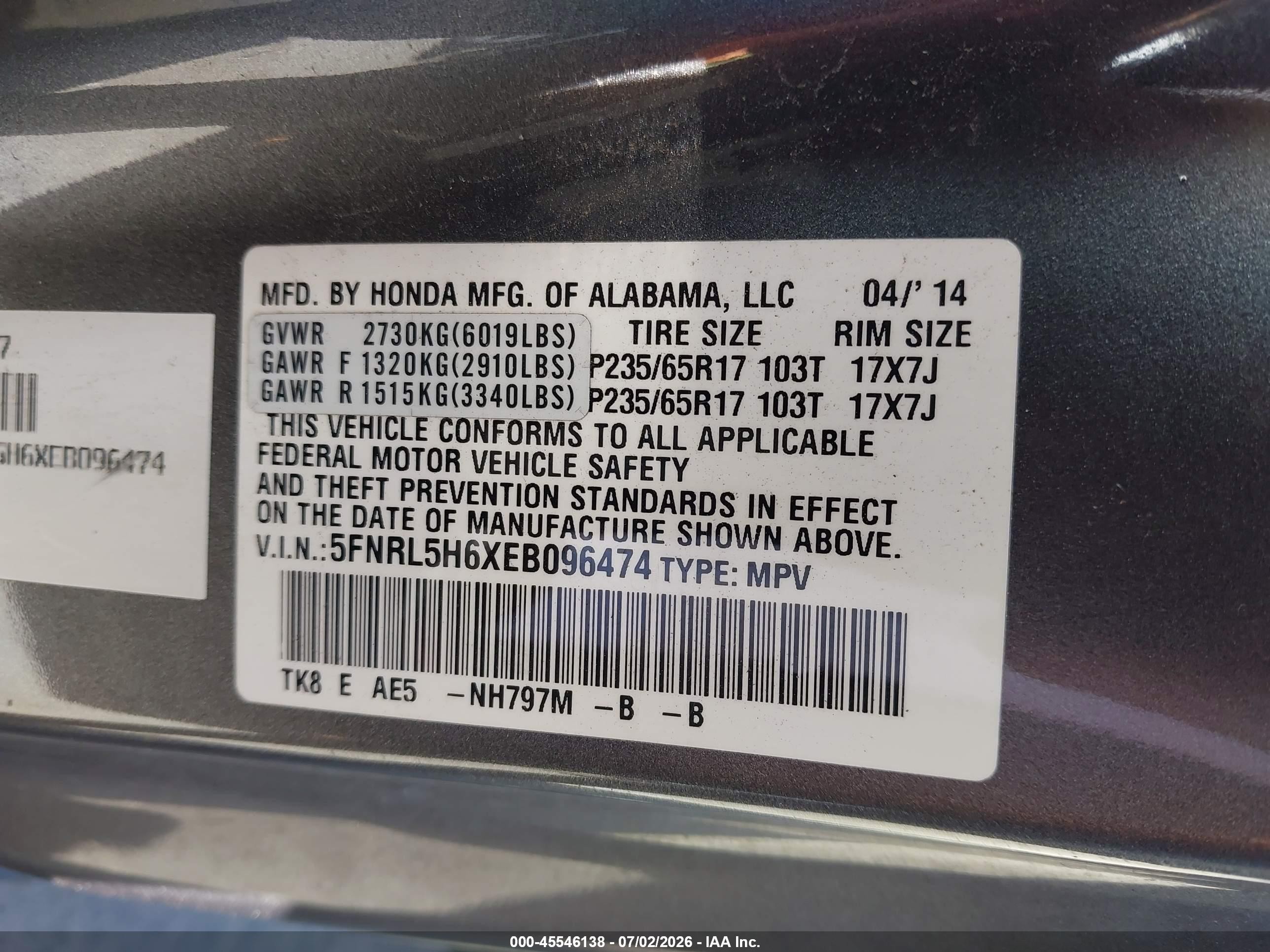 2014 Honda Odyssey VIN 5FNRL5H6XEB096474 IAAI salvage auction — Normal Wear, Clear - Dealer Only (California), sold $1,200 on 2026-07-09 (photo 9)