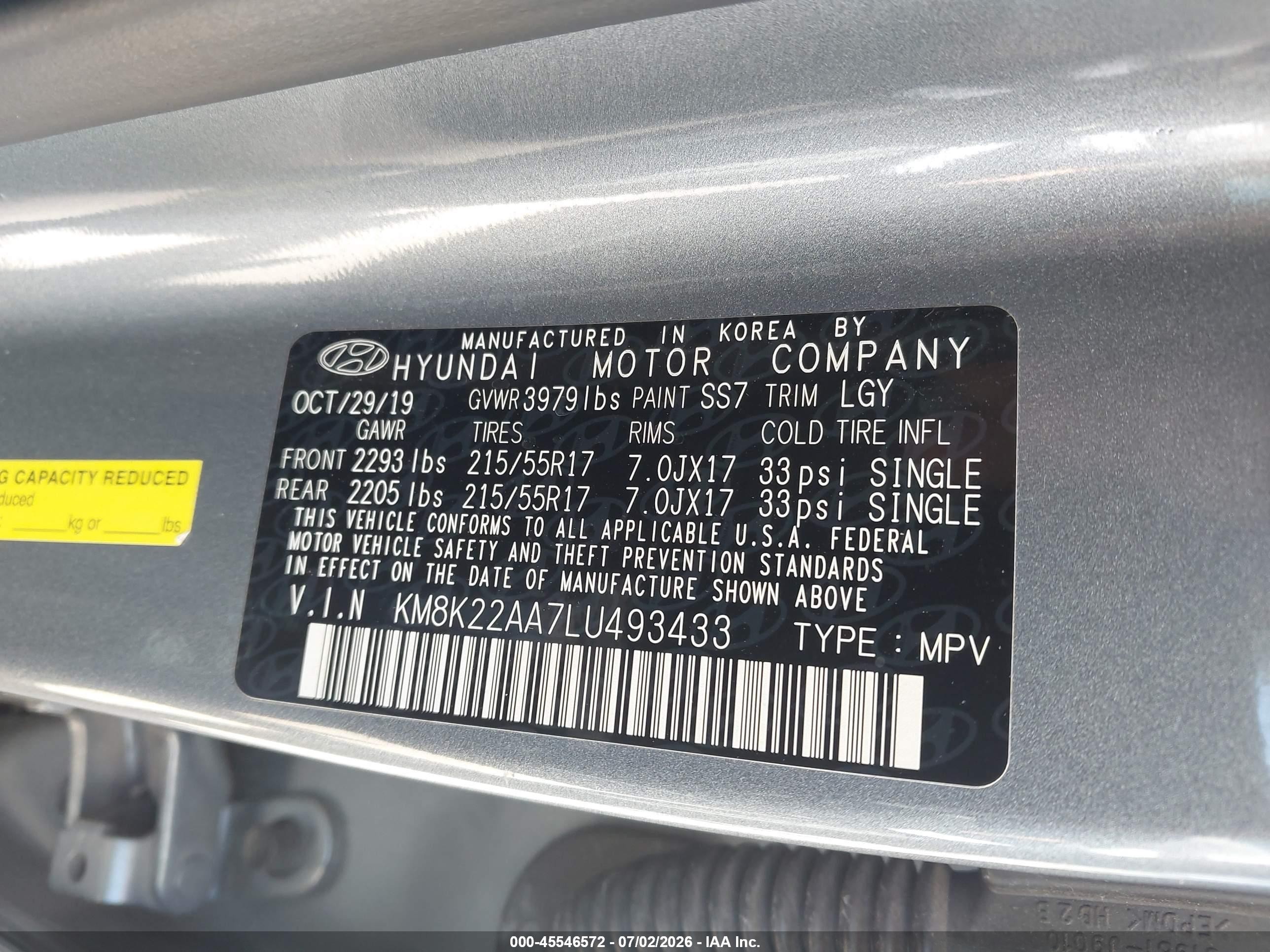 2020 Hyundai Kona VIN KM8K22AA7LU493433 IAAI salvage auction — Normal Wear, Clear-Dealer Only (Arizona), sold $1,650 on 2026-07-09 (photo 9)