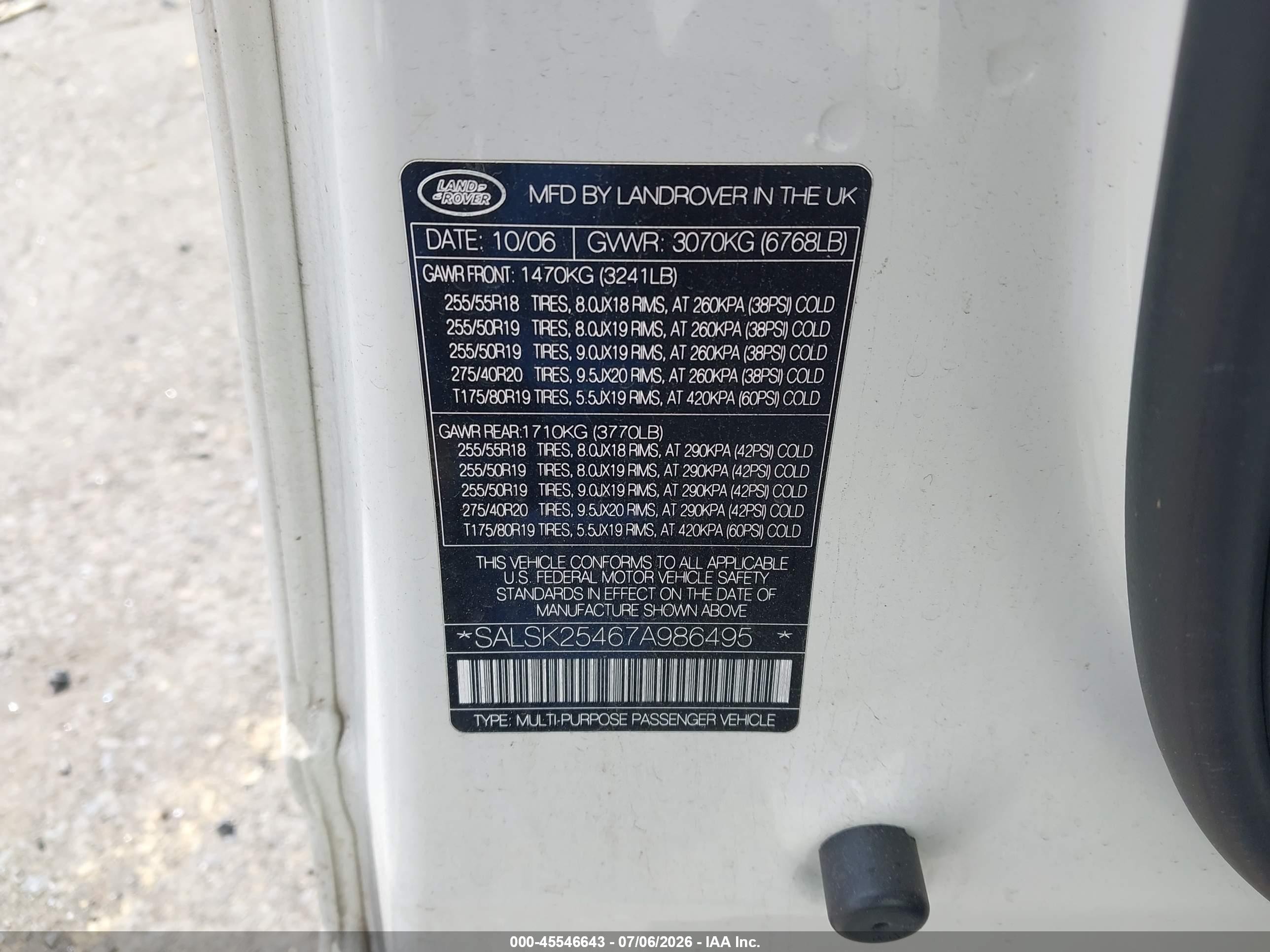 2007 Land Rover Range Rover Sport VIN SALSK25467A986495 IAAI salvage auction — Normal Wear, Clear-Dealer Only (Oregon), sold $1,600 on 2026-07-09 (photo 9)