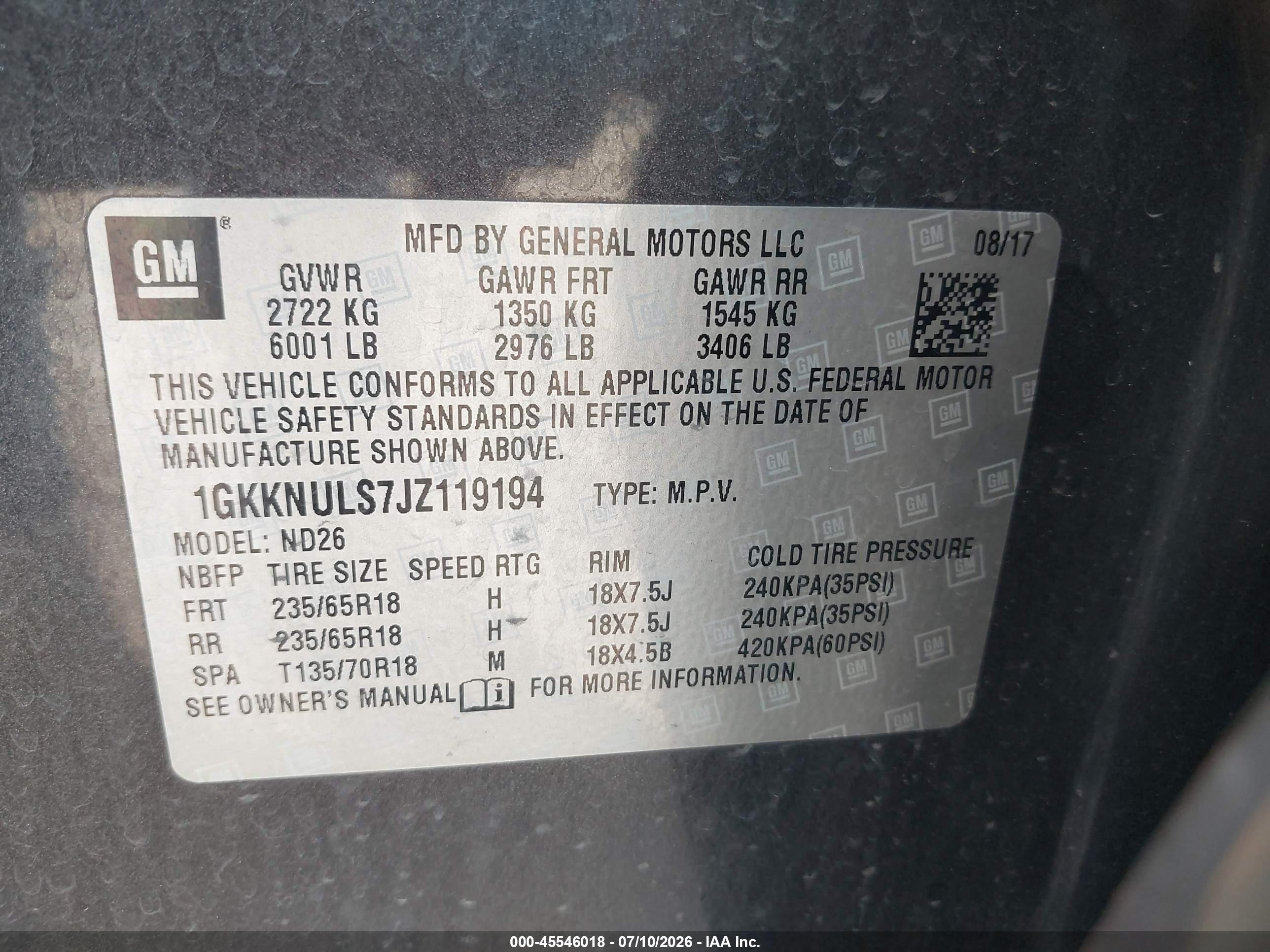 2018 GMC Acadia VIN 1GKKNULS7JZ119194 IAAI salvage auction — Front End, Clear (Indiana), sold $5,000 on 2026-09-13 (photo 9)
