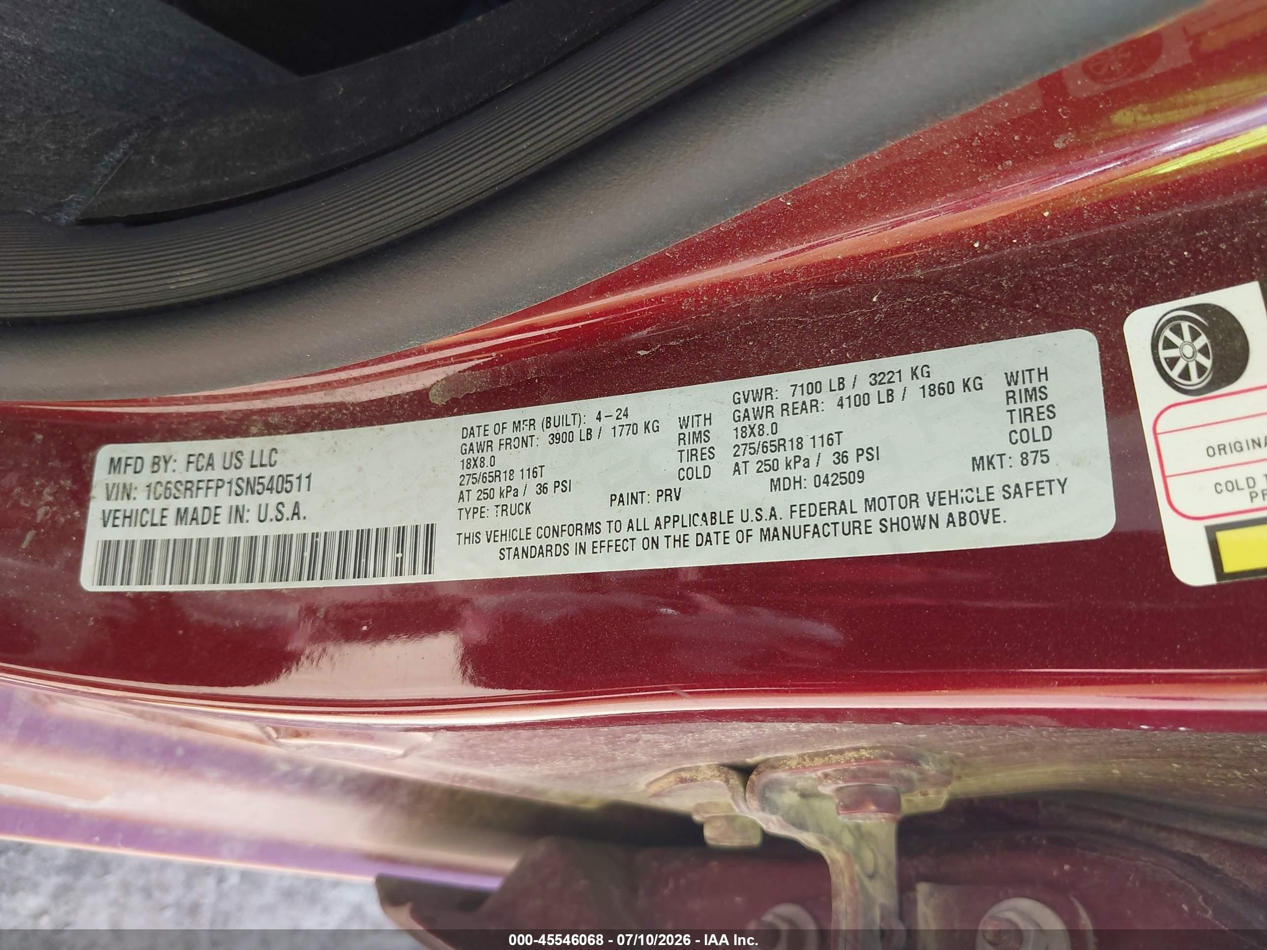 2025 Ram 1500 VIN 1C6SRFFP1SN540511 IAAI salvage auction — Rollover, Salvage (Montana), sold $7,200 on 2026-09-16 (photo 9)