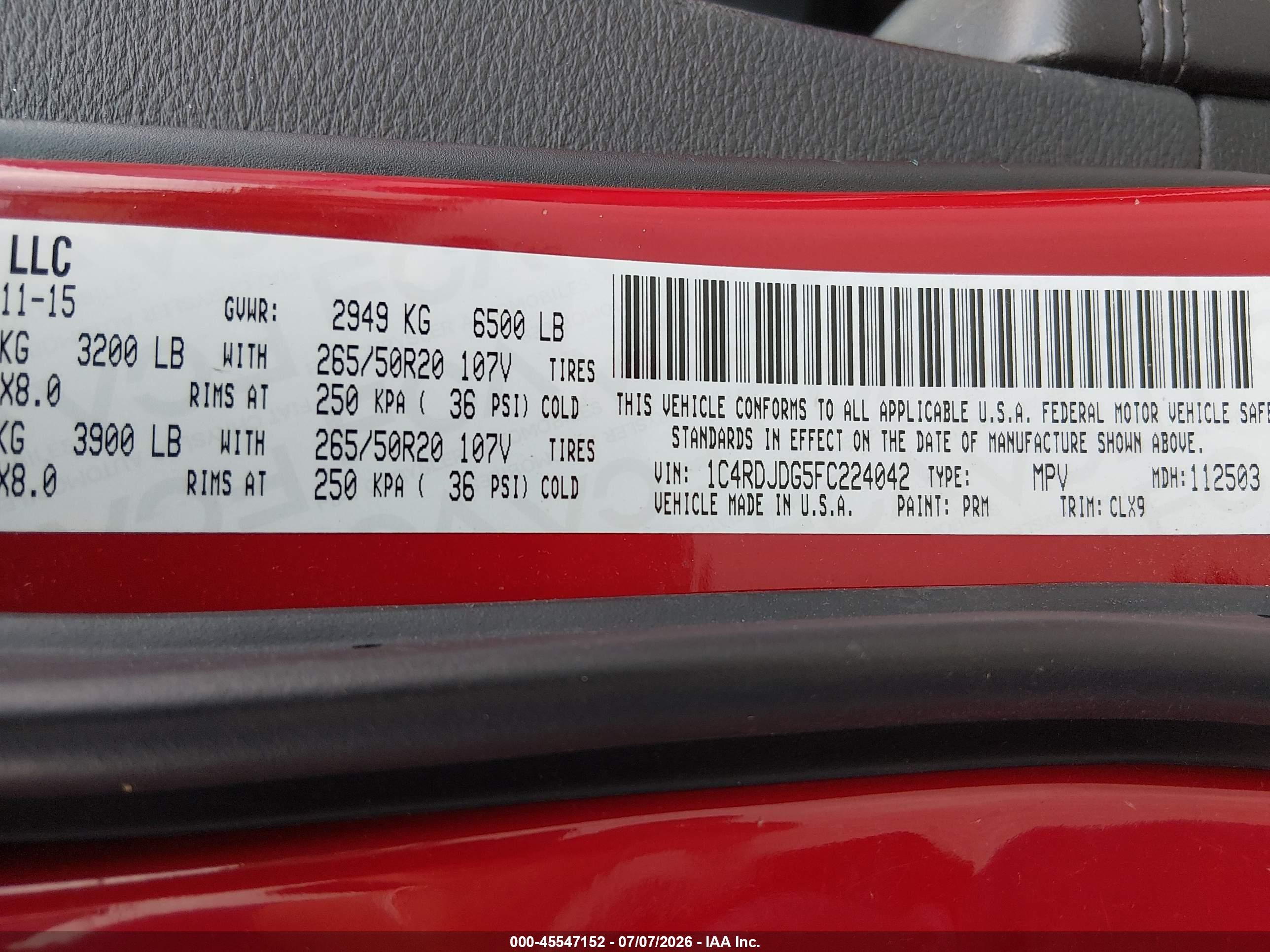 2015 Dodge Durango VIN 1C4RDJDG5FC224042 IAAI salvage auction — Normal Wear, Original (Kentucky), sold $2,350 on 2026-09-12 (photo 9)