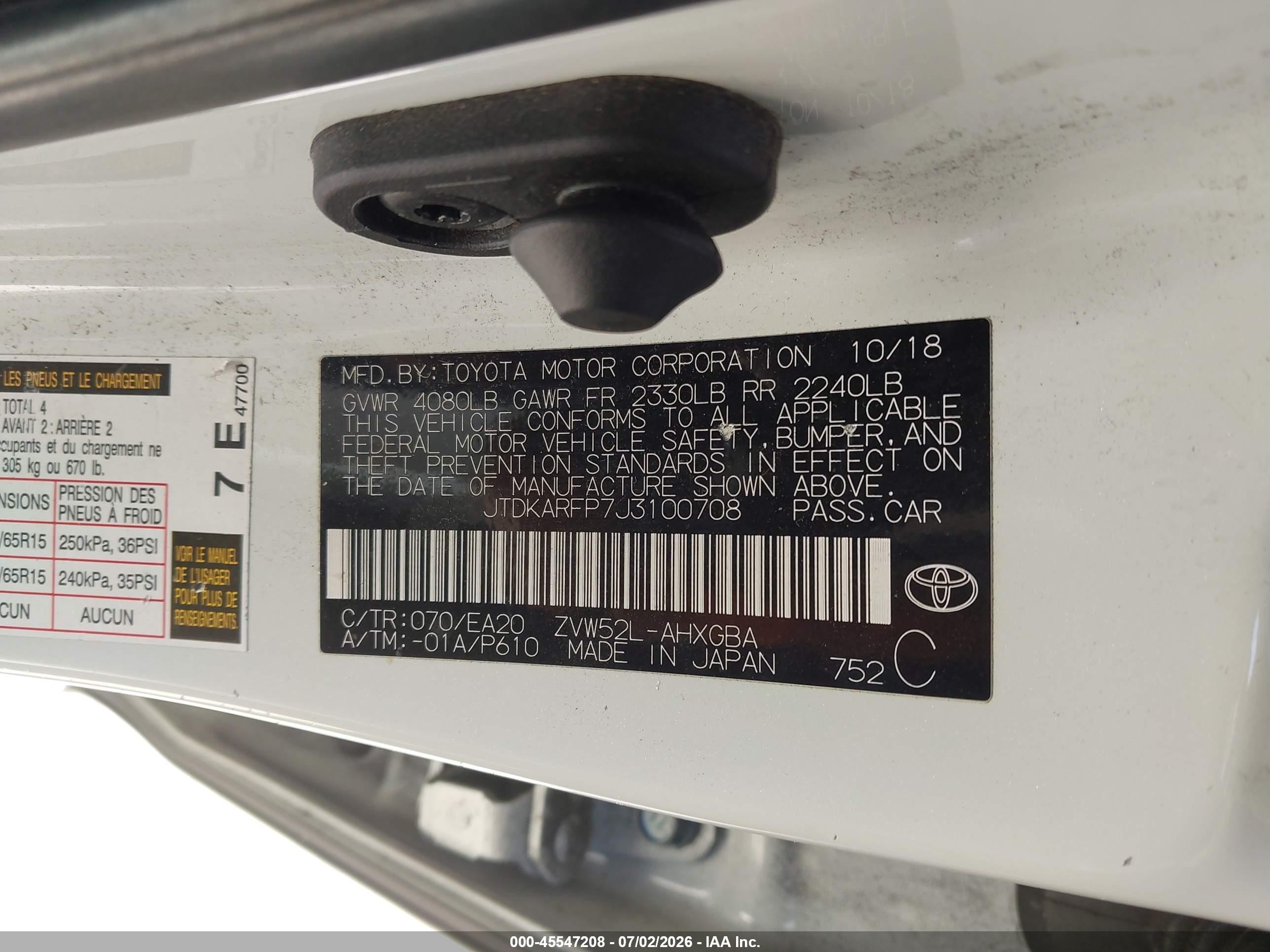 2018 Toyota Prius Prime VIN JTDKARFP7J3100708 IAAI salvage auction — Normal Wear, Clear - Dealer Only (California), sold $3,450 on 2026-07-09 (photo 9)
