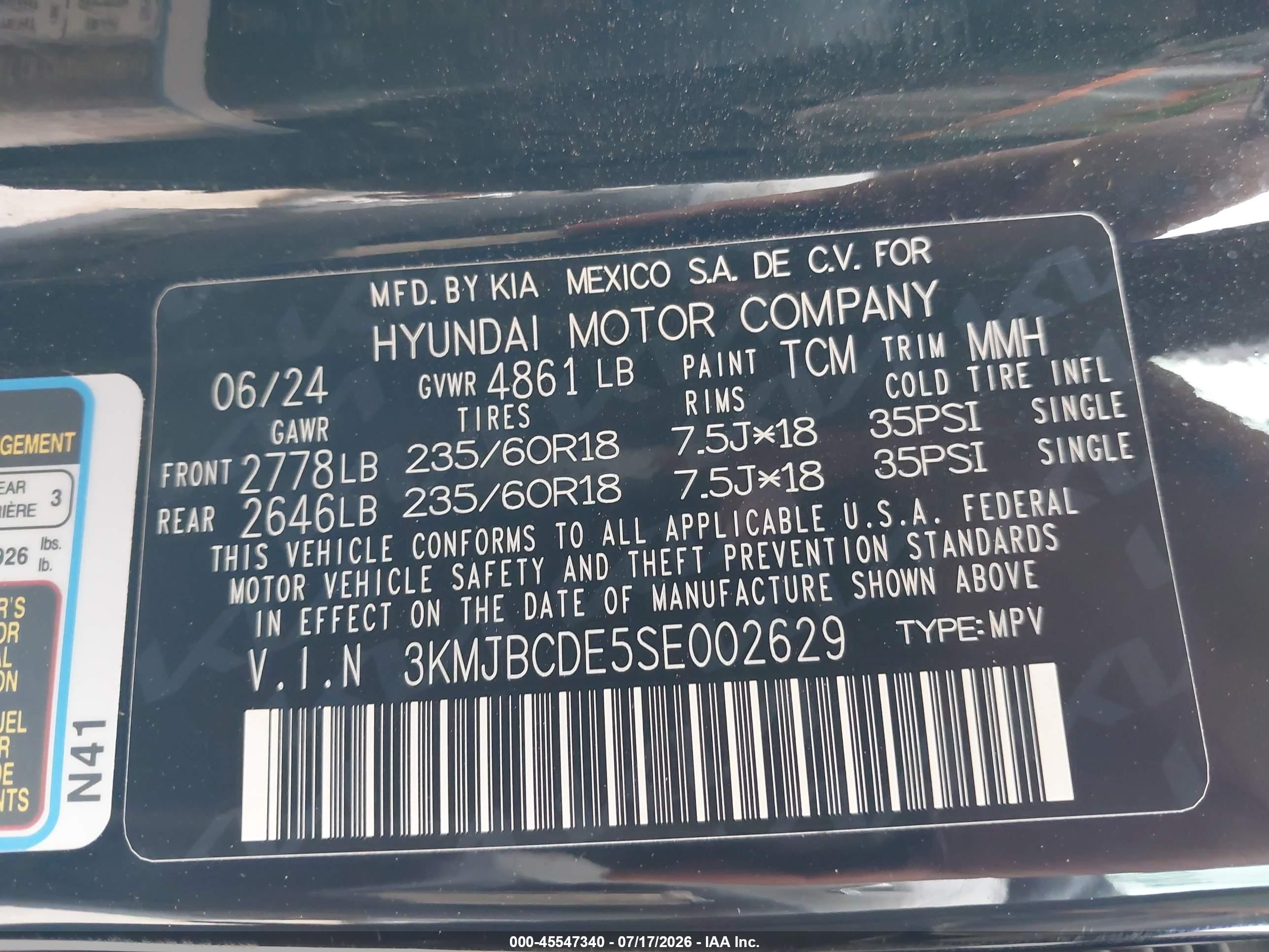 2025 Hyundai Tucson VIN 3KMJBCDE5SE002629 IAAI salvage auction — Rear End, Original (Texas), sold $12,500 on 2026-10-01 (photo 9)