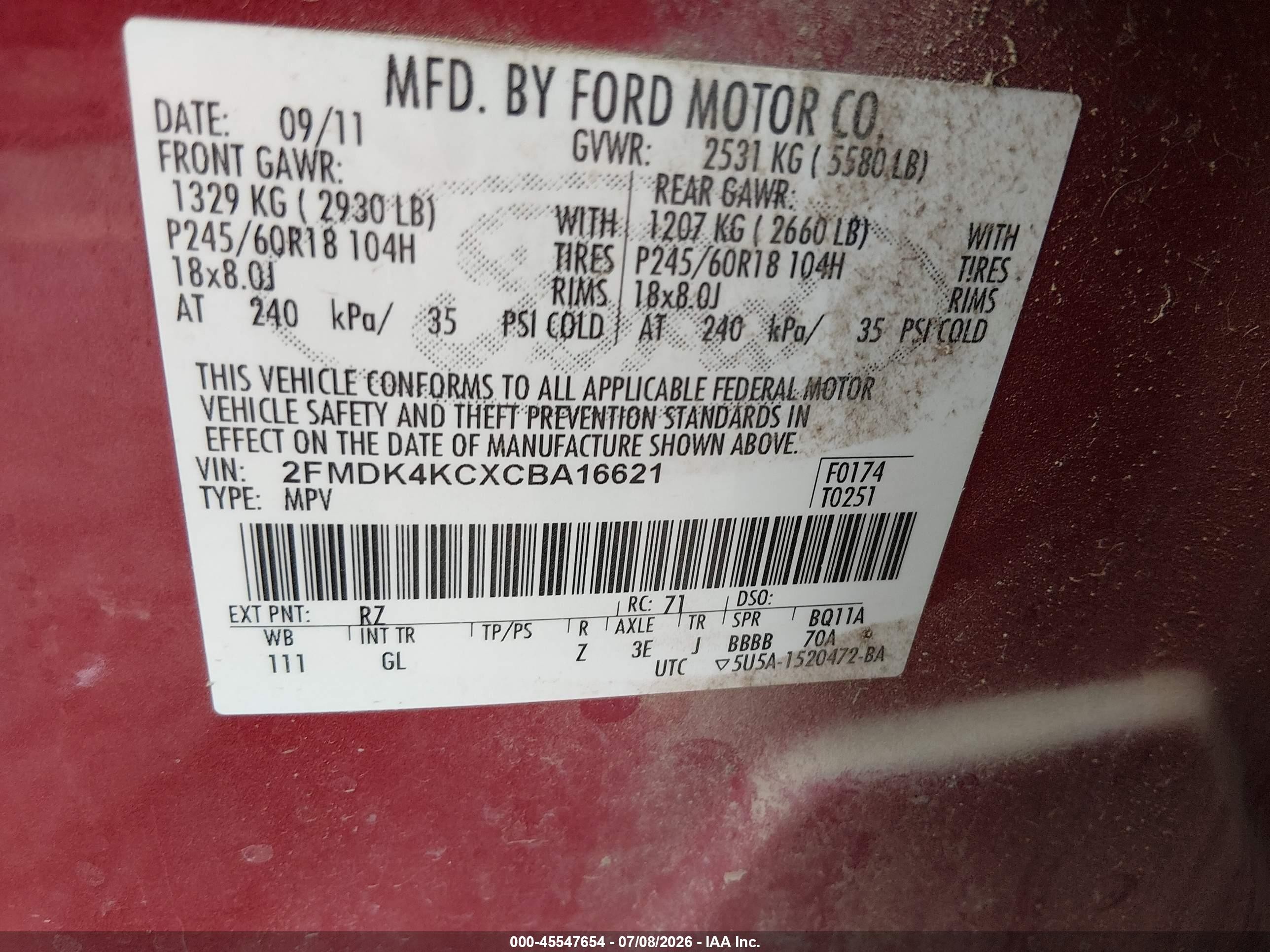 2012 Ford Edge VIN 2FMDK4KCXCBA16621 IAAI salvage auction — Normal Wear, Clear-Dealer Only (Oregon), sold $325 on 2026-07-09 (photo 9)