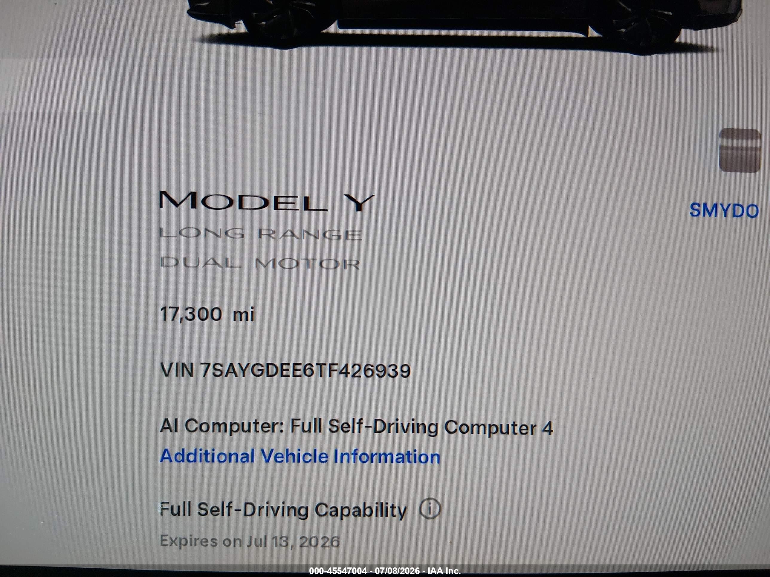 2026 Tesla Model y VIN 7SAYGDEE6TF426939 IAAI salvage auction — Rear End, Salvage (Nevada), sold $26,750 on 2026-09-11 (photo 7)