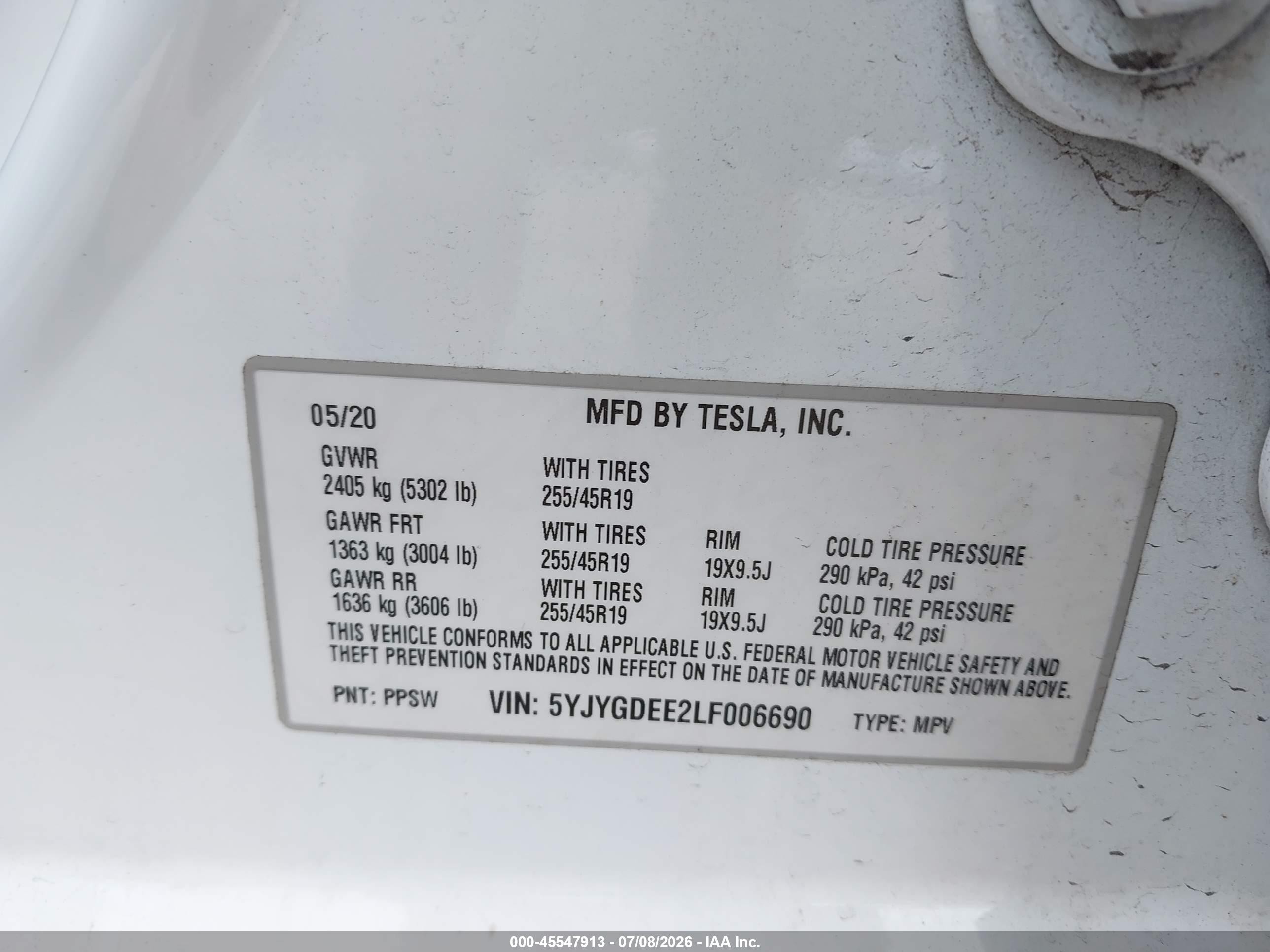 2020 Tesla Model y VIN 5YJYGDEE2LF006690 IAAI salvage auction — Unknown, Salvage (Pennsylvania), sold $4,950 on 2026-09-25 (photo 9)