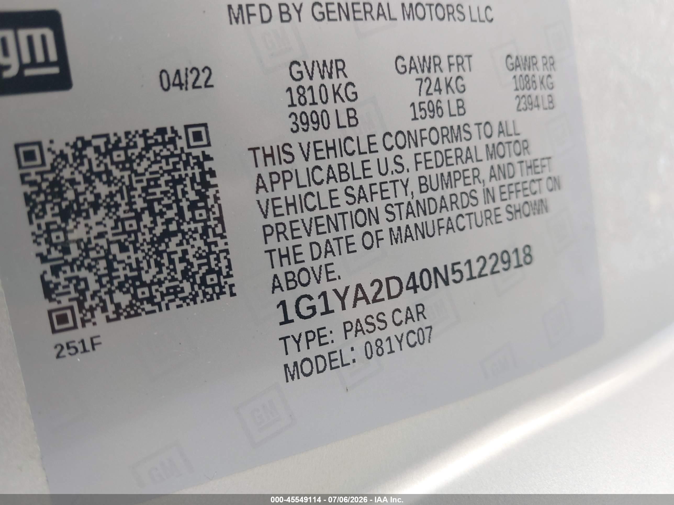 2022 Chevrolet Corvette Stingray VIN 1G1YA2D40N5122918 IAAI salvage auction — Front End, Salvage (Indiana), sold $26,250 on 2026-08-26 (photo 9)