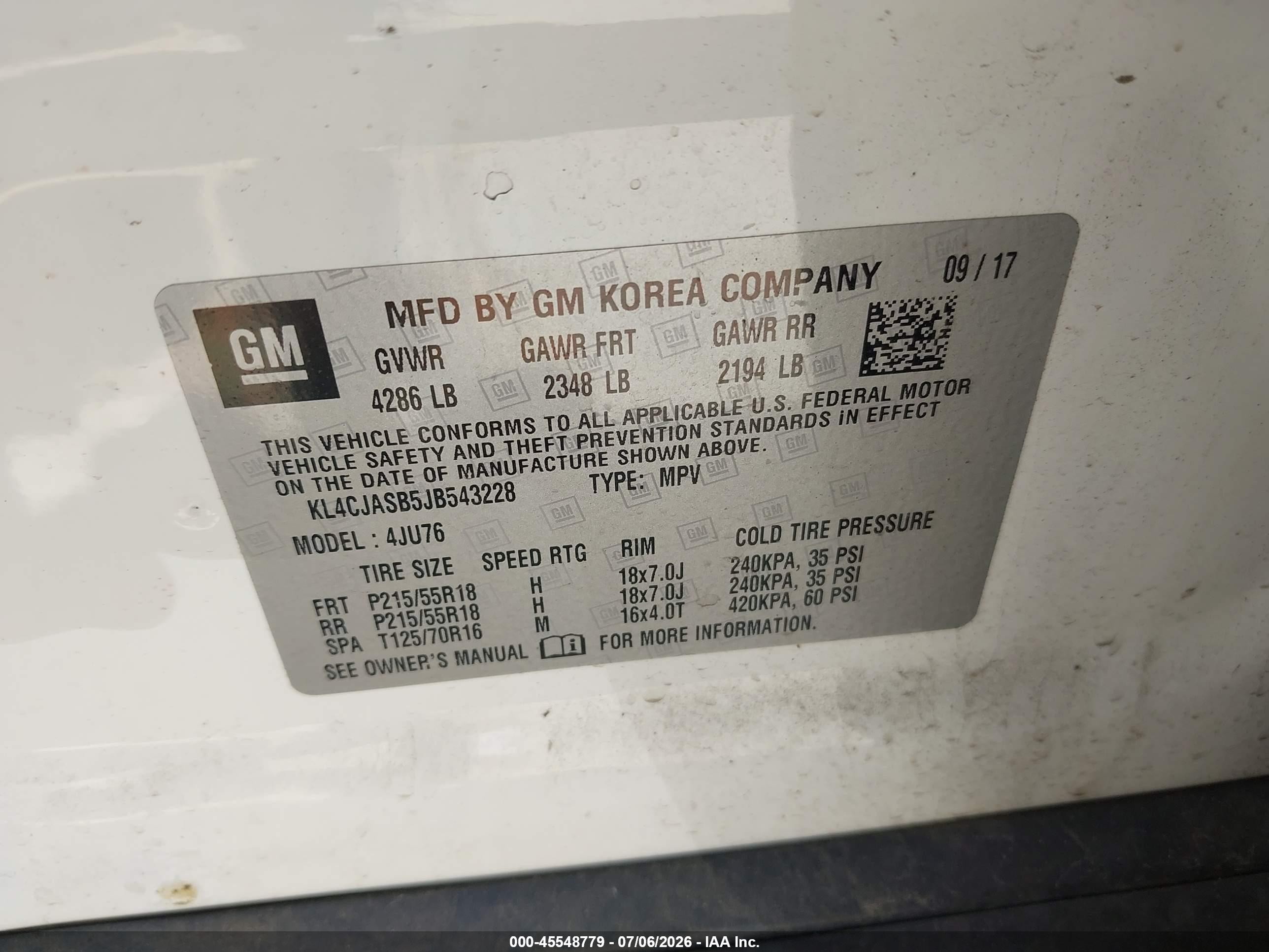 2018 Buick Encore VIN KL4CJASB5JB543228 IAAI salvage auction — Front End, Salvage (Texas), sold $1,050 on 2026-09-13 (photo 9)