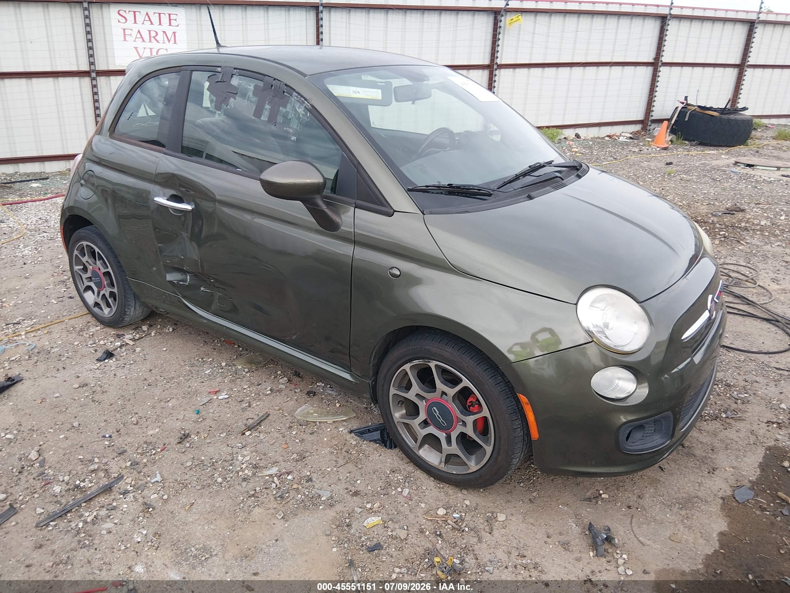 2012 Fiat 500 VIN 3C3CFFBR1CT303679 IAAI salvage auction — Side, Clear (Arkansas), sold $550 on 2026-09-16 (photo 1)