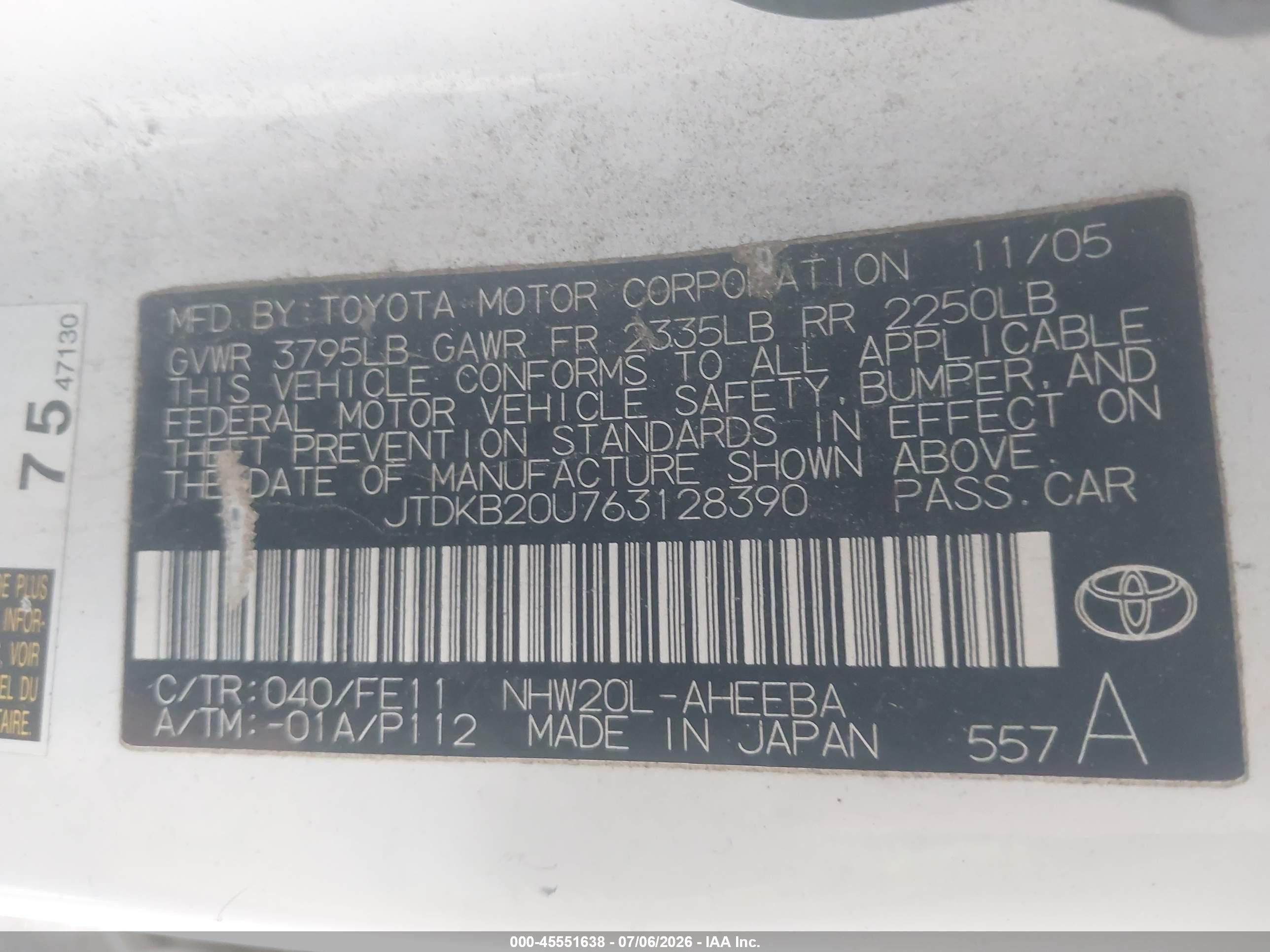 2006 Toyota Prius VIN JTDKB20U763128390 IAAI salvage auction — Normal Wear, Clear (Utah), sold $250 on 2026-07-09 (photo 9)