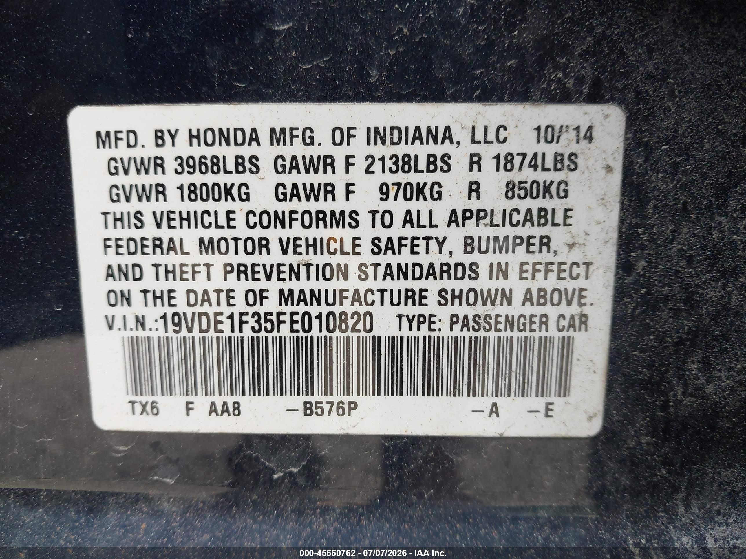 2015 Acura Ilx VIN 19VDE1F35FE010820 IAAI salvage auction — Rear End, Clear (Virginia), sold $1,325 on 2026-09-08 (photo 9)