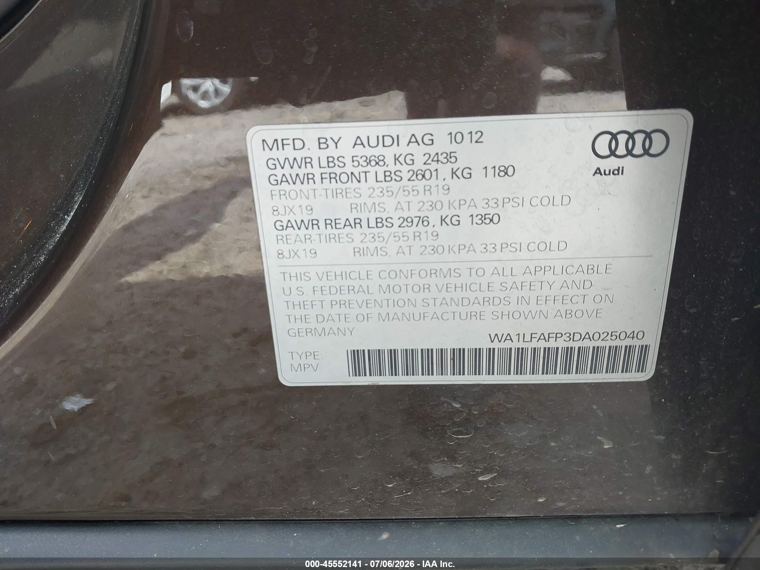 2013 Audi Q5 VIN WA1LFAFP3DA025040 IAAI salvage auction — Unknown, Salvage (Georgia), sold $1,000 on 2026-09-19 (photo 9)