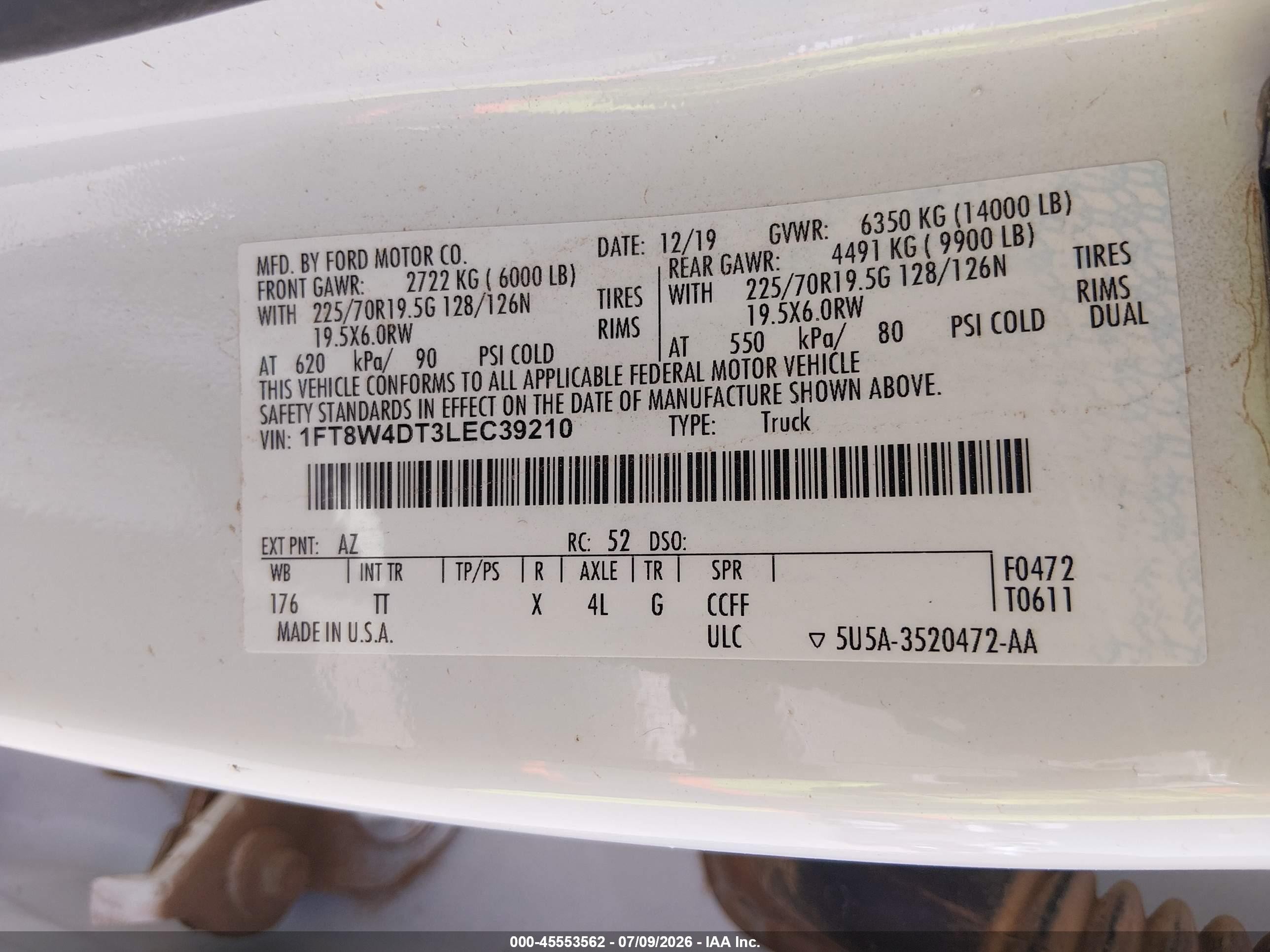 2020 Ford F450 VIN 1FT8W4DT3LEC39210 IAAI salvage auction — Front End, Salvage (Texas), sold $12,700 on 2026-08-25 (photo 9)