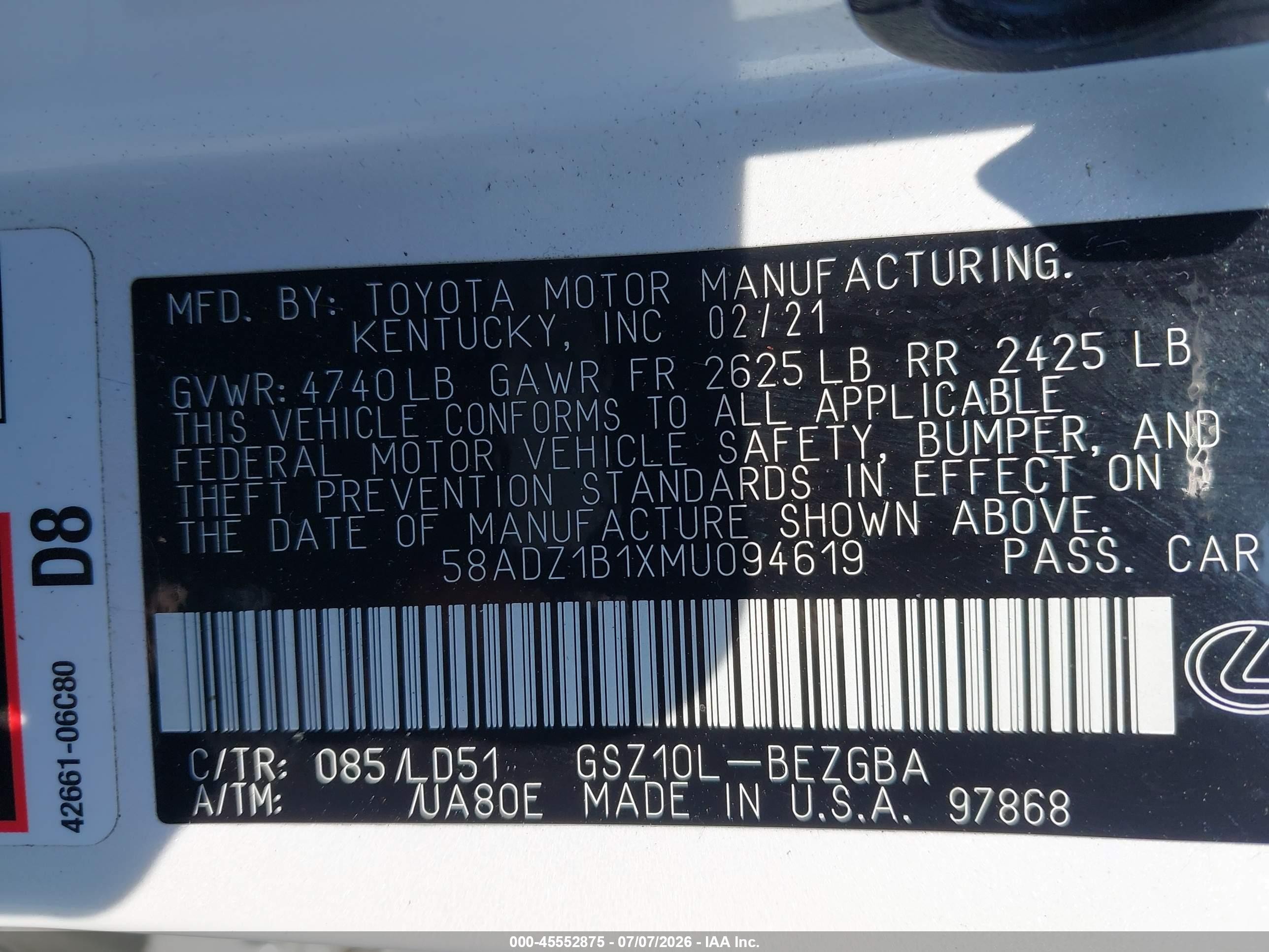2021 Lexus ES 350 VIN 58ADZ1B1XMU094619 IAAI salvage auction — Front End, Salvage (Georgia), sold $15,300 on 2026-09-11 (photo 9)