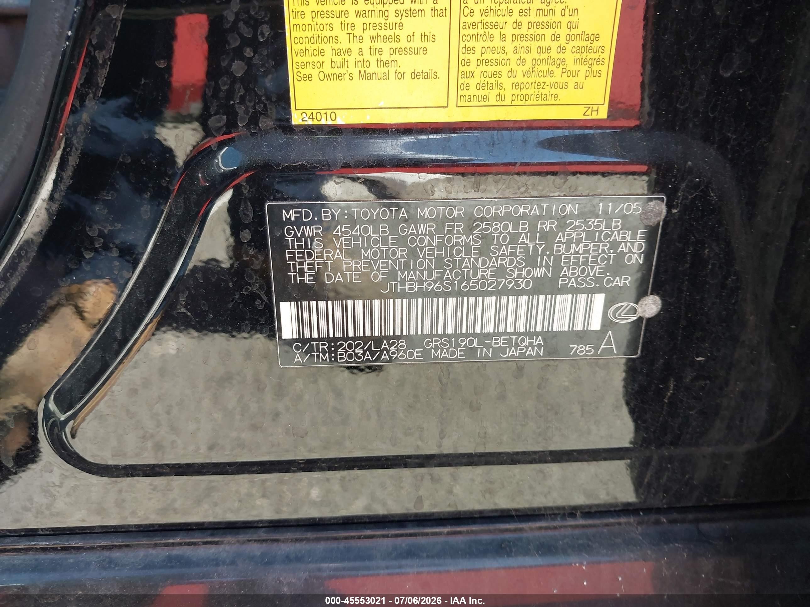 2006 Lexus GS 300 VIN JTHBH96S165027930 IAAI salvage auction — Normal Wear, Clear - Dealer Only (California), sold $1,250 on 2026-07-09 (photo 9)