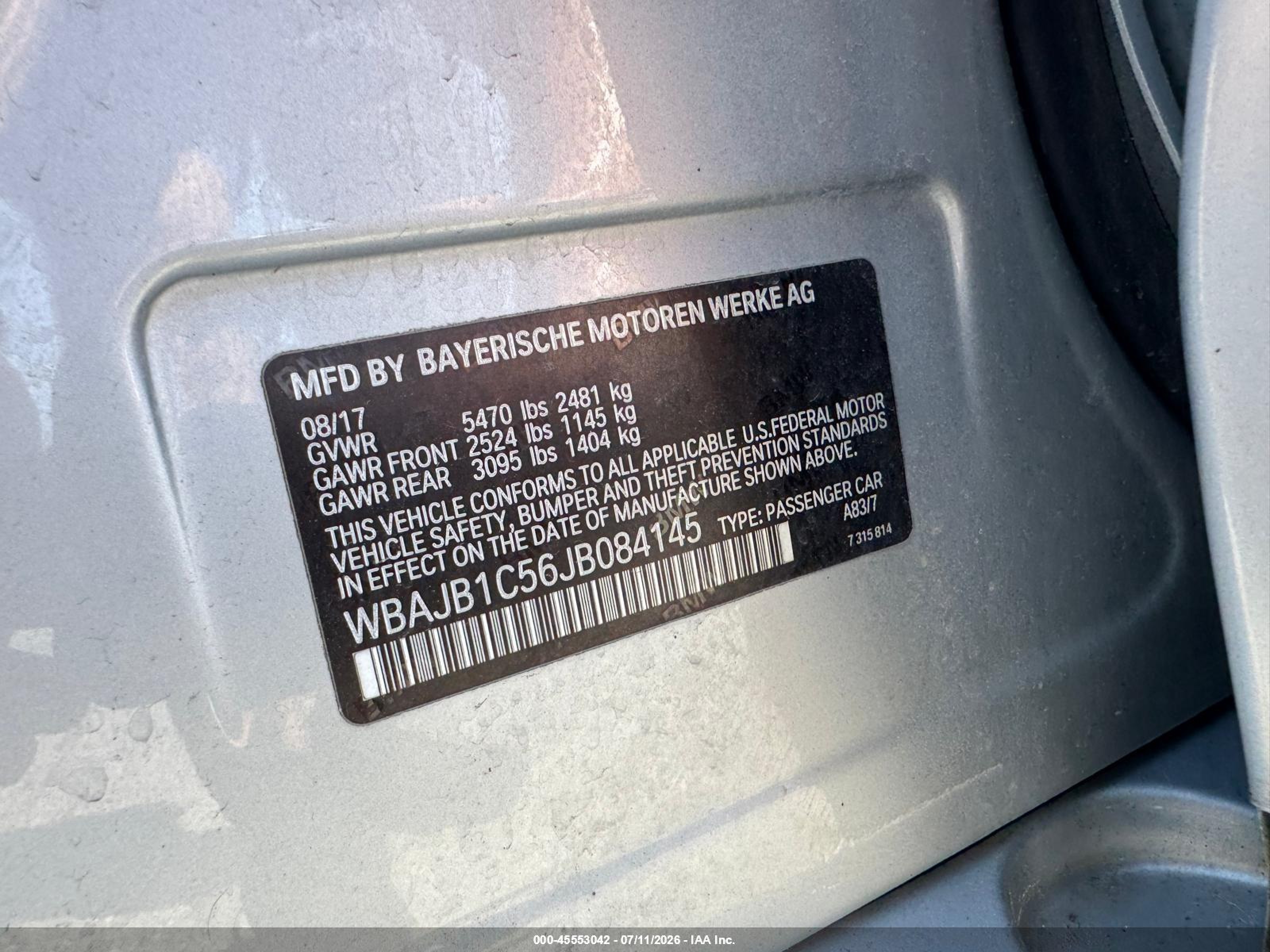 2018 BMW 5 series VIN WBAJB1C56JB084145 IAAI salvage auction — Unknown, Clear (Pennsylvania), sold $4,625 on 2026-08-19 (photo 9)