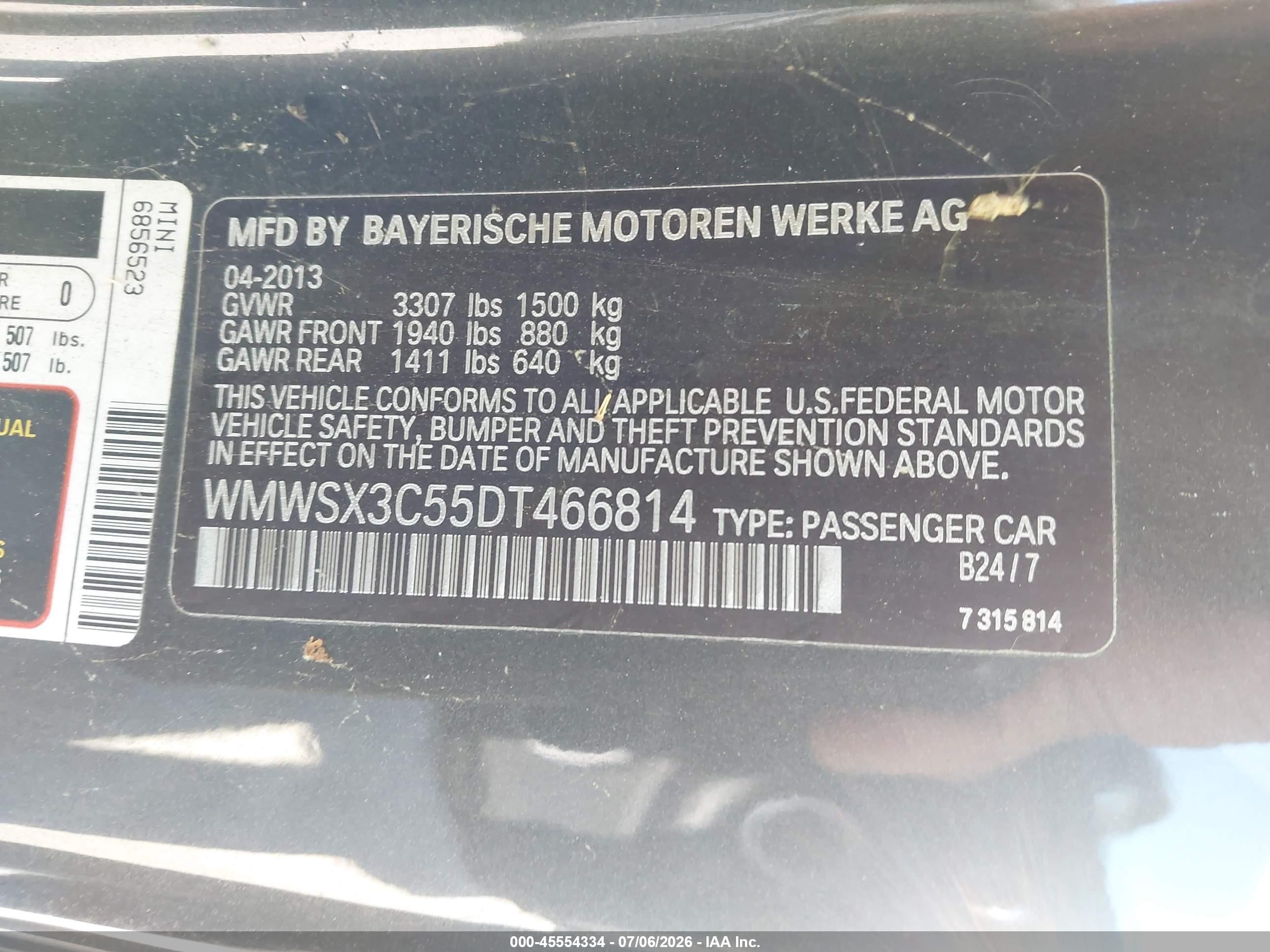 2013 Mini Coupe VIN WMWSX3C55DT466814 IAAI salvage auction — Normal Wear, App For Dup Clear (California), sold $425 on 2026-07-09 (photo 9)
