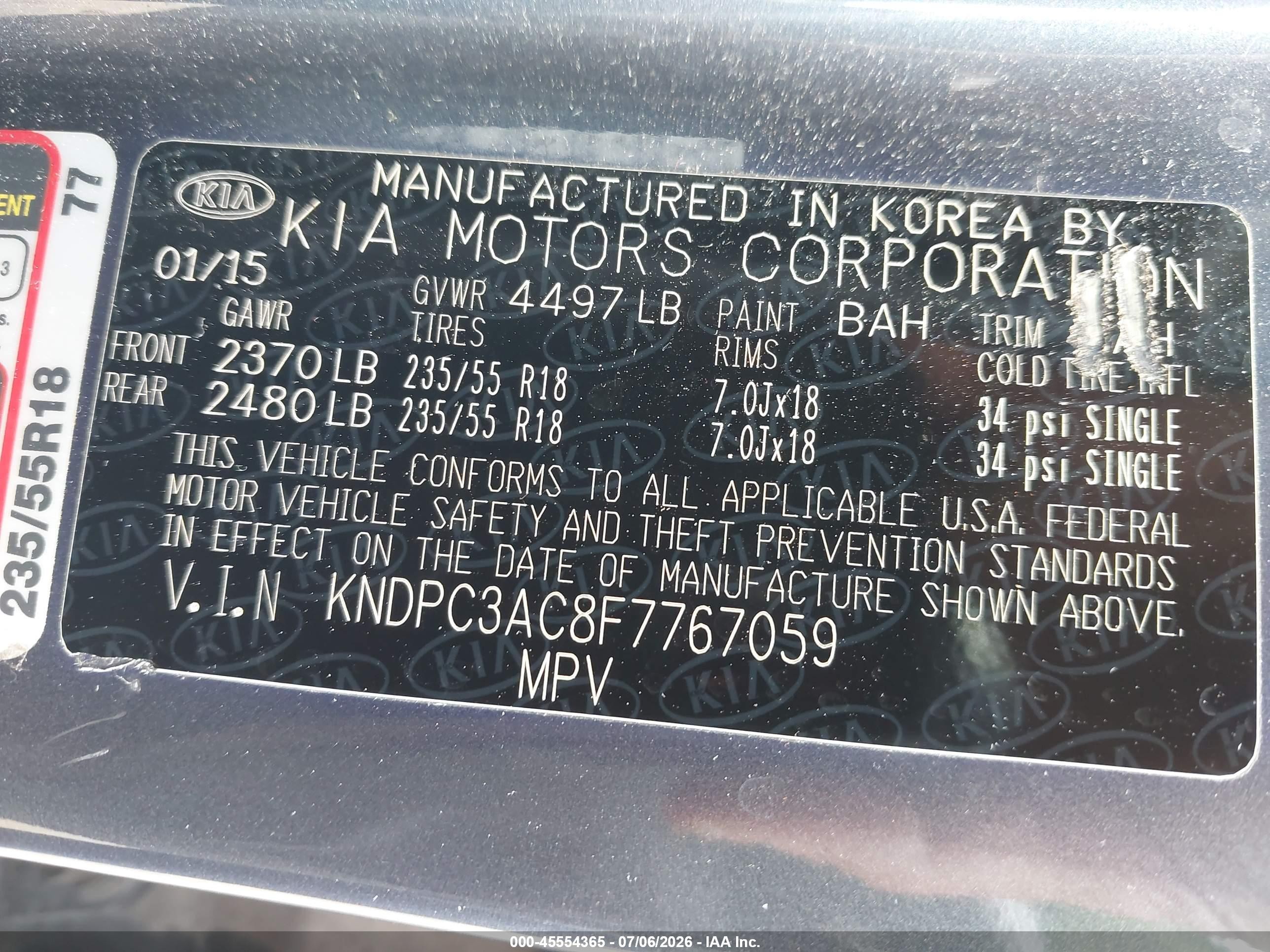 2015 Kia Sportage VIN KNDPC3AC8F7767059 IAAI salvage auction — Unknown, Clear (Tennessee), sold $1,400 on 2026-07-08 (photo 9)