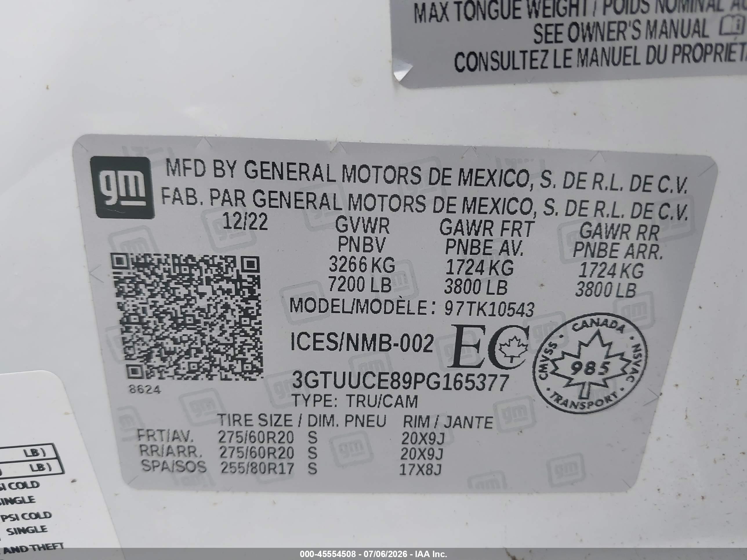 2023 Gmc SIERRA VIN 3GTUUCE89PG165377 IAAI salvage auction — Water/Flood, Salvage (Mississippi), sold $19,550 on 2026-08-14 (photo 9)