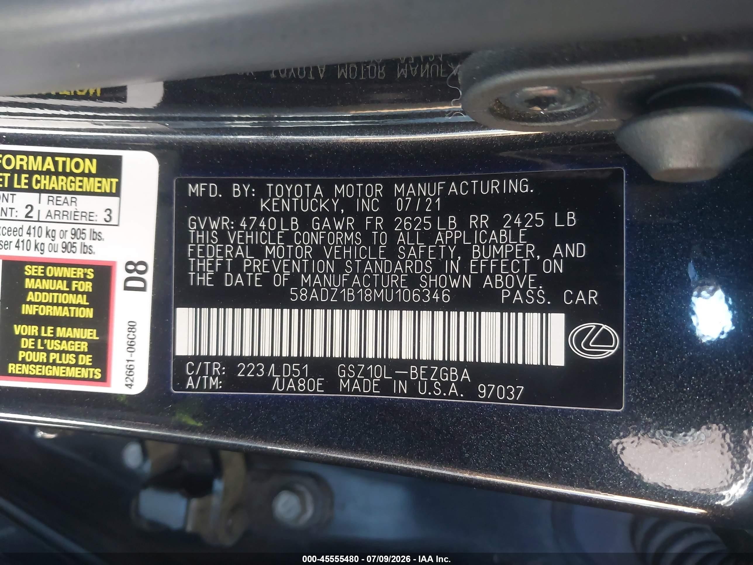 2021 Lexus ES 350 VIN 58ADZ1B18MU106346 IAAI salvage auction — Front End, Salvage (California), sold $8,500 on 2026-09-13 (photo 9)