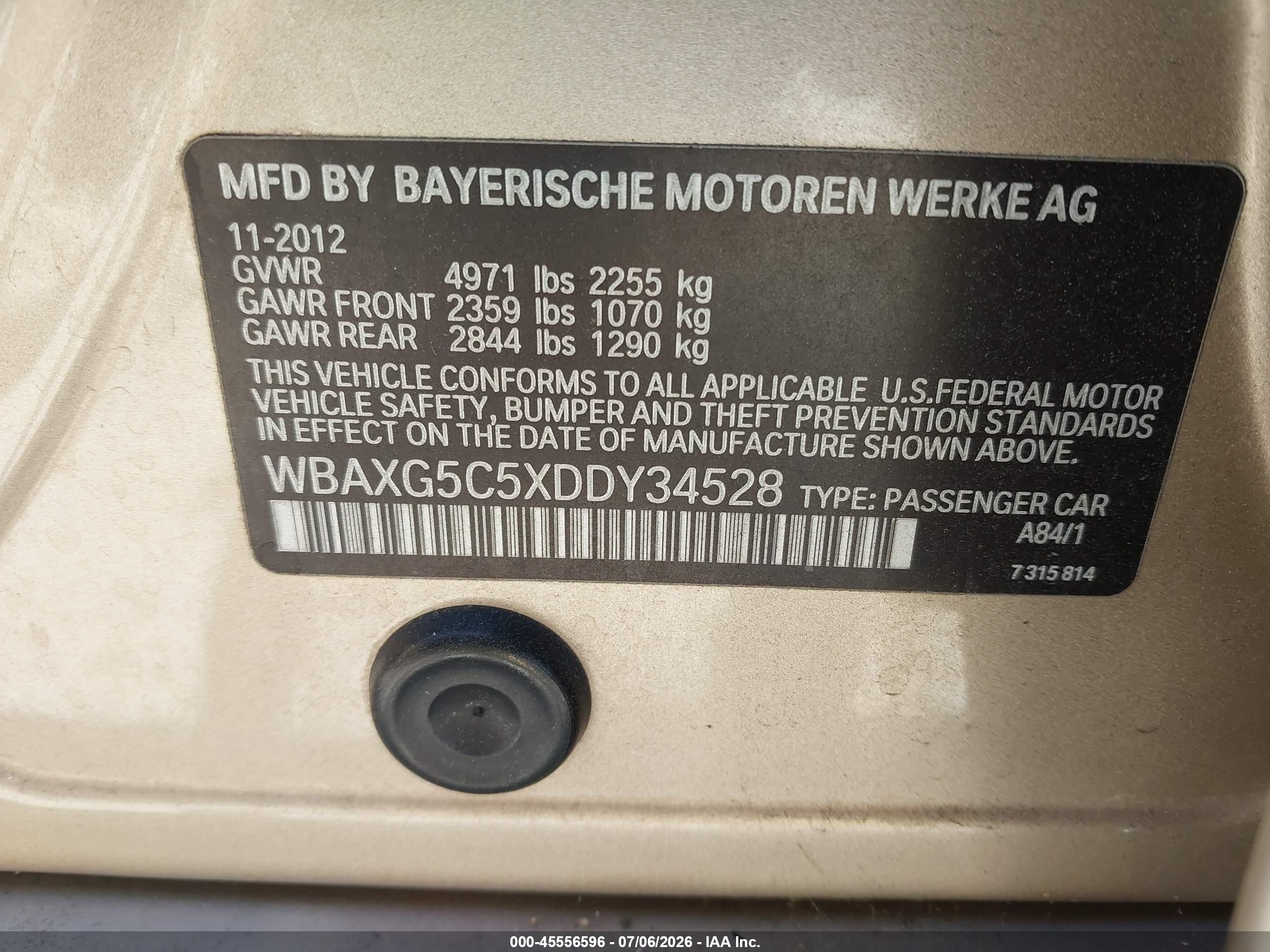 2013 BMW 5 Series VIN WBAXG5C5XDDY34528 IAAI salvage auction — Normal Wear, Clear - Dealer Only (California), sold $475 on 2026-07-09 (photo 9)