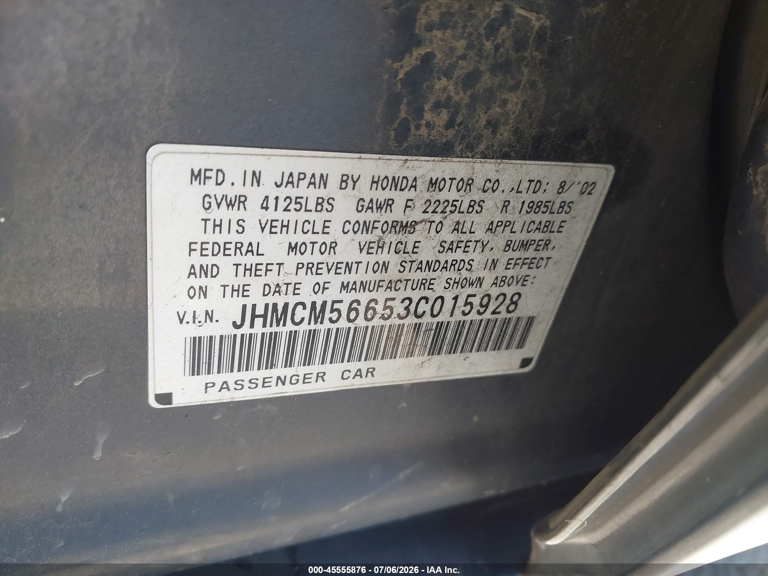 2003 Honda Accord VIN JHMCM56653C015928 IAAI salvage auction — Normal Wear, Clear - Dealer Only (California), sold $275 on 2026-07-09 (photo 9)