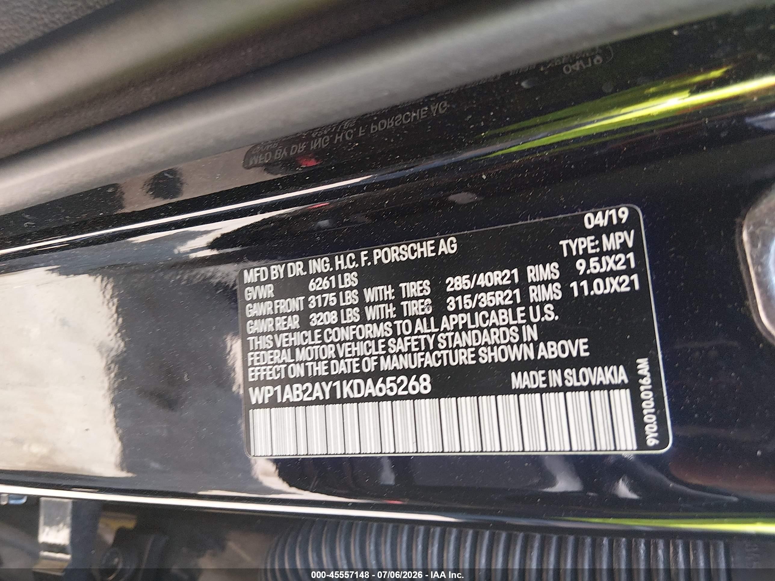 2019 Porsche Cayenne VIN WP1AB2AY1KDA65268 IAAI salvage auction — Side, Original (Texas), sold $17,200 on 2026-09-13 (photo 9)