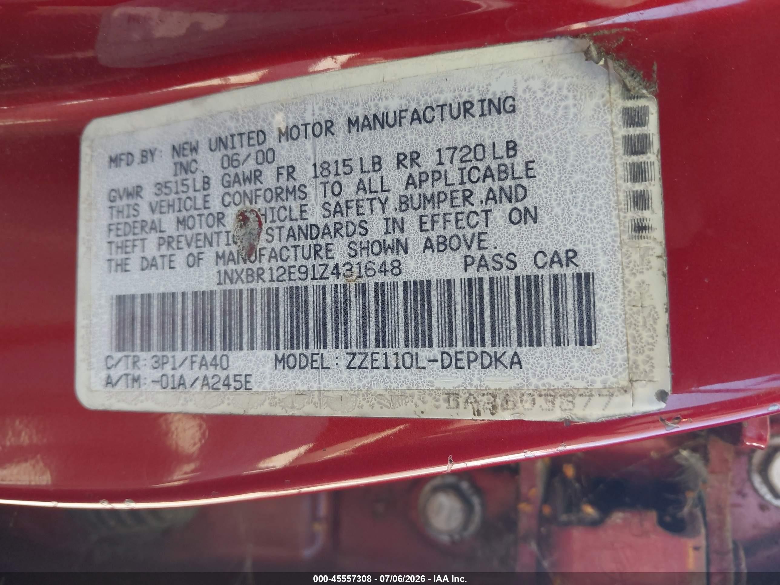 2001 Toyota Corolla VIN 1NXBR12E91Z431648 IAAI salvage auction — Normal Wear, Clear - Dealer Only (California), sold $375 on 2026-07-09 (photo 9)