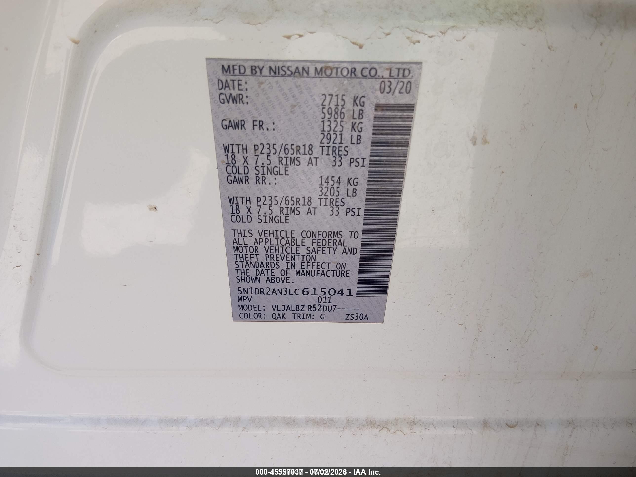2020 Nissan Pathfinder VIN 5N1DR2AN3LC615041 IAAI salvage auction — Normal Wear, Sf97 (Arizona), sold $7,200 on 2026-07-09 (photo 9)
