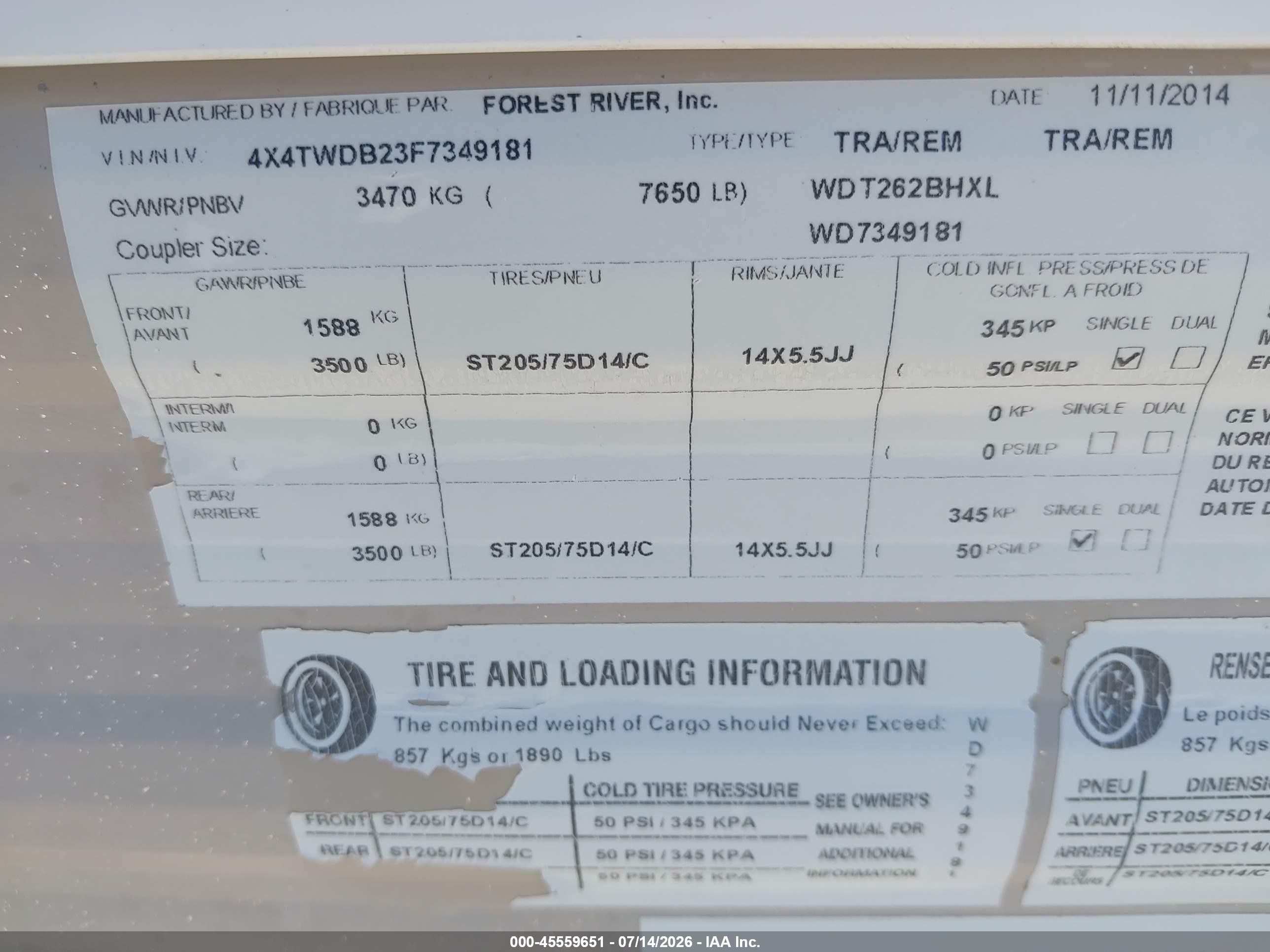 2015 Wildwood X-Lite VIN 4X4TWDB23F7349181 IAAI salvage auction — Side, Clear (Wyoming), sold $150 on 2026-09-16 (photo 9)