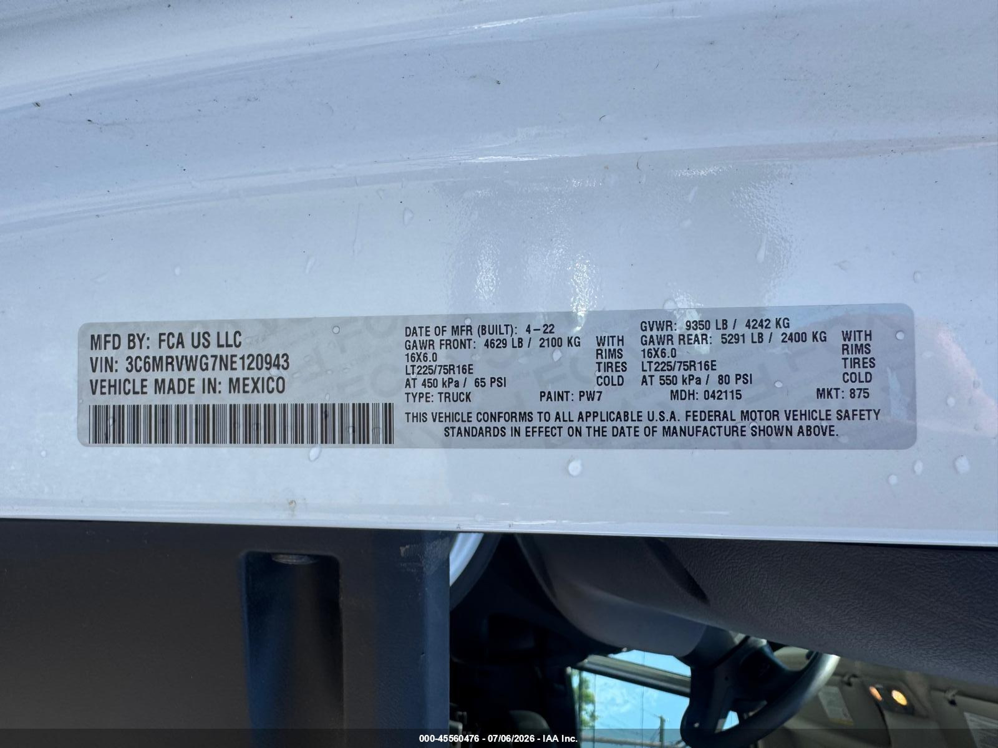 2022 Ram Promaster 3500 VIN 3C6MRVWG7NE120943 IAAI salvage auction — Unknown, Clear (New York), sold $2,650 on 2026-08-12 (photo 8)